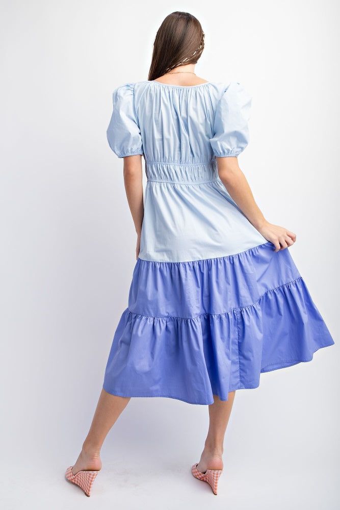 Sky Blue Puff Sleeve Color Block Poplin Maxi Dress sold by Pinkblush product image thumbnail 3
