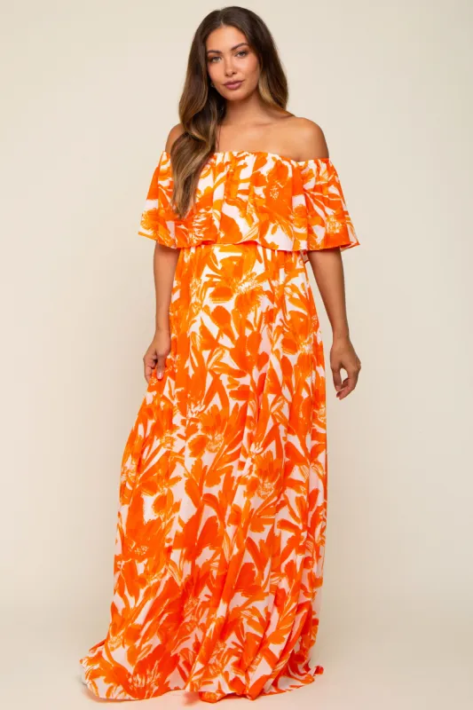 Orange Floral Off Shoulder Flounce Maternity Maxi Dress sold by Pinkblush