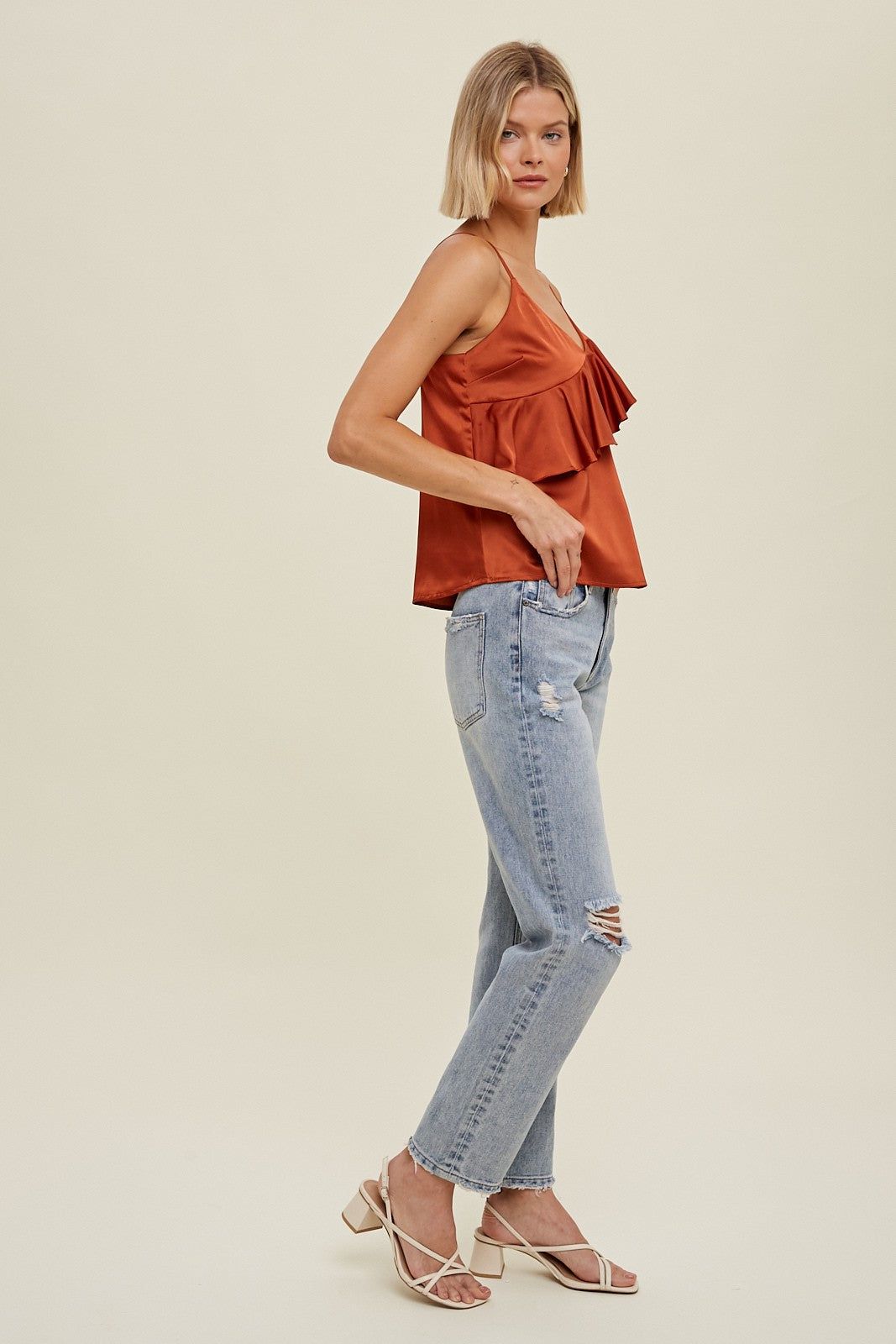 Copper Satin Cami With Asymmetrical Ruffle Detail sold by Pinkblush product image thumbnail 3