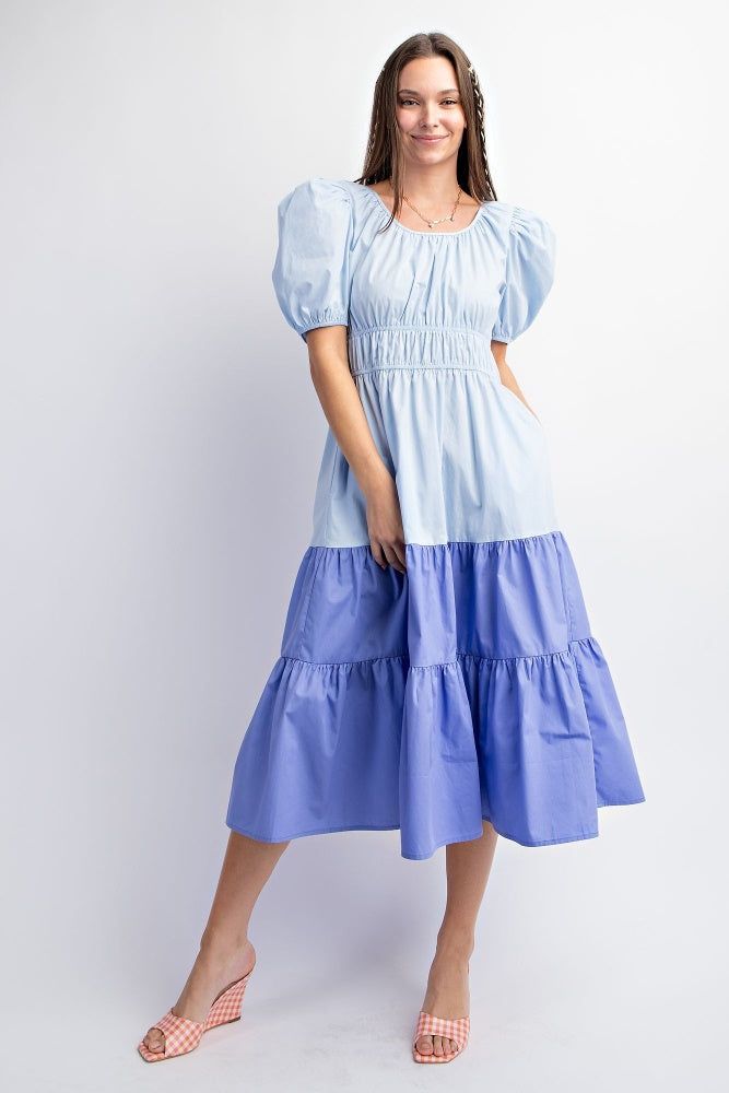 Sky Blue Puff Sleeve Color Block Poplin Maxi Dress sold by Pinkblush