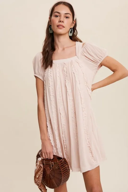 Light Blush Square Neck Puff Sleeve Flowy Dress sold by Pinkblush