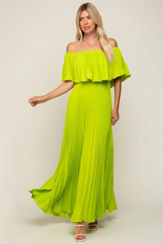 Lime Pleated Off Shoulder Maxi Dress sold by Pinkblush