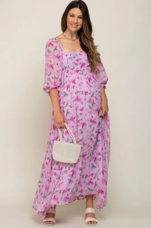 Lavender Floral Chiffon Puff Sleeve Maternity Maxi Dress sold by Pinkblush