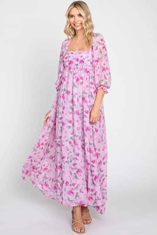 Lavender Floral Chiffon Puff Sleeve Maxi Dress sold by Pinkblush