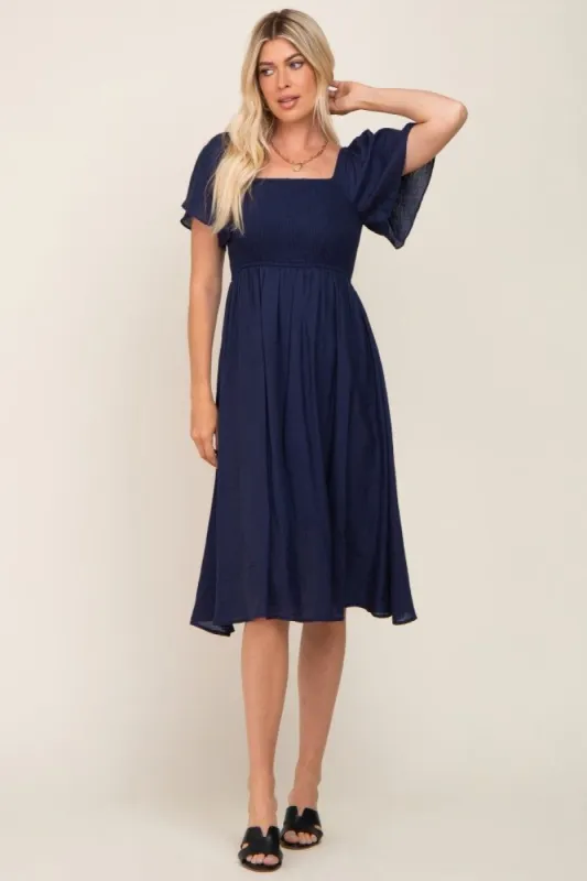 Navy Blue Smocked Square Neck Flutter Short Sleeve Midi Dress sold by Pinkblush
