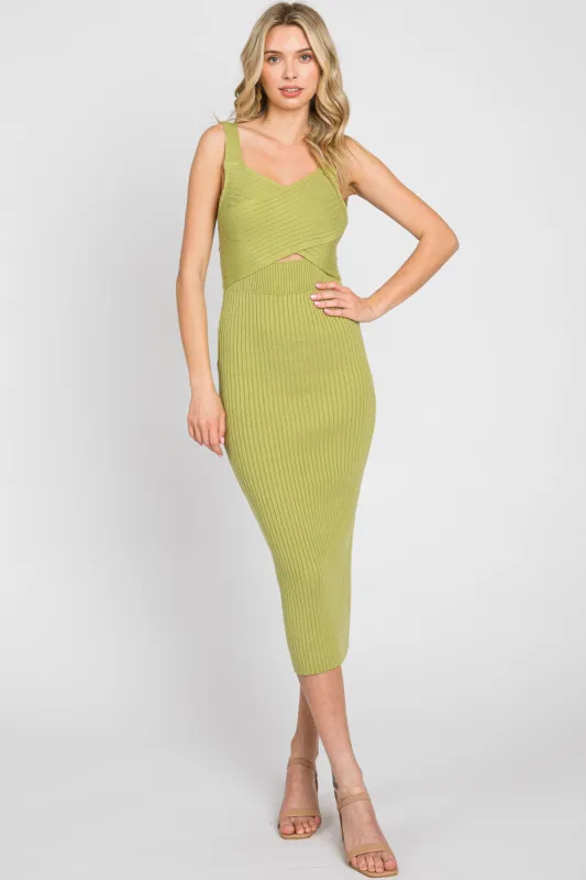 Green Rib Knit Cross Front Back Tie Midi Dress sold by Pinkblush