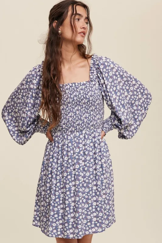 Denim Flower Print Smocked Square Neck Long Sleeve Dress sold by Pinkblush