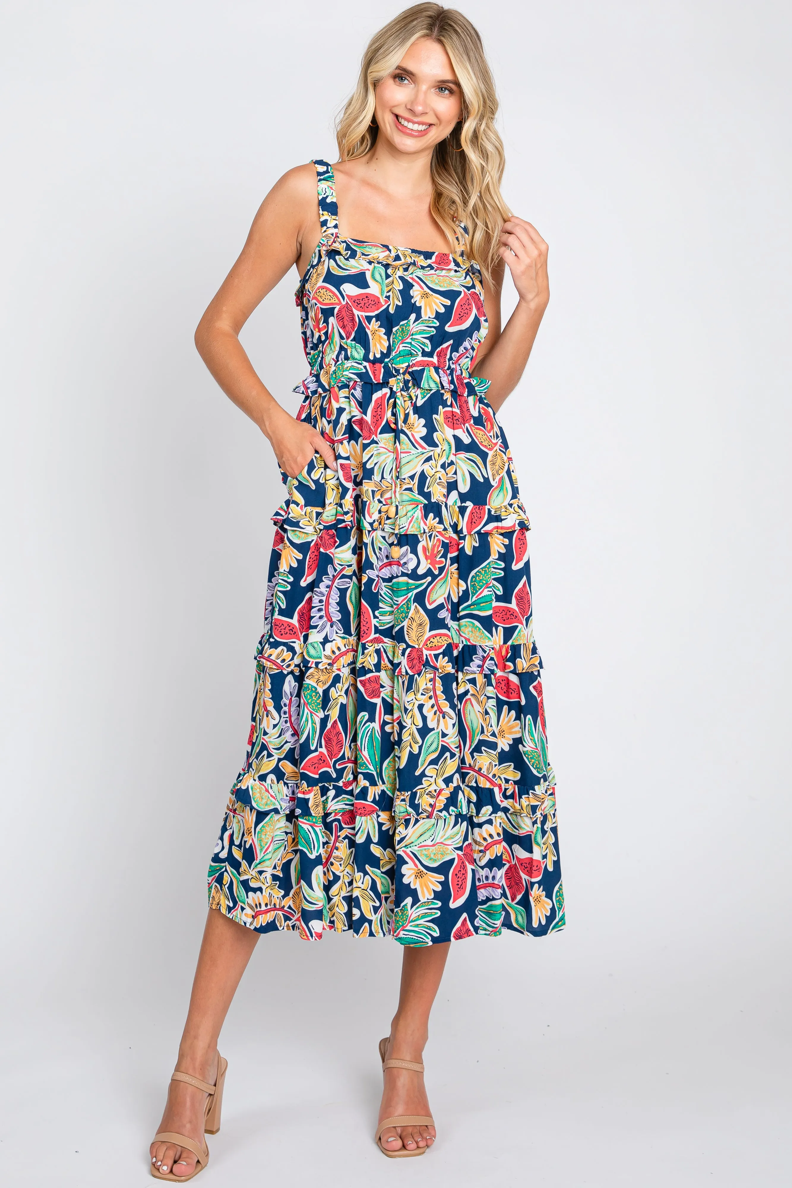 Navy Blue Multi-Color Floral Sleeveless Tiered Maternity Midi Dress sold by Pinkblush product image thumbnail 5