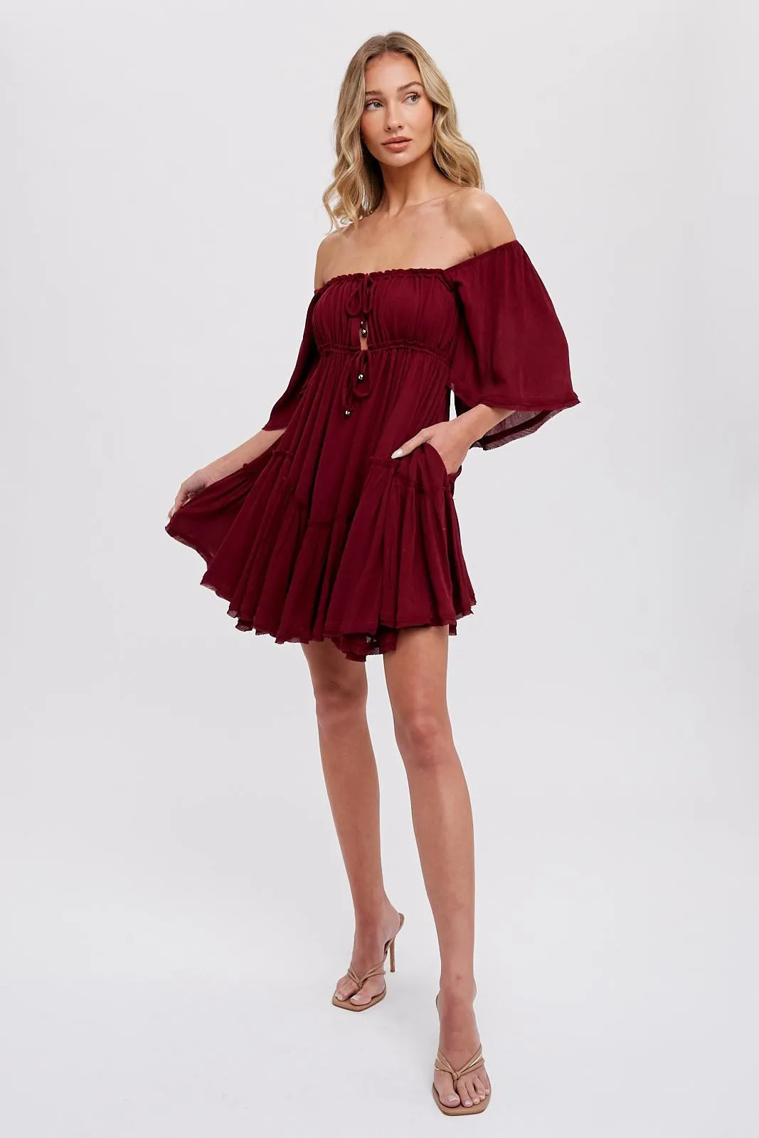 Burgundy Ruffle Hem Ruched Mini Dress sold by Pinkblush product image thumbnail 2