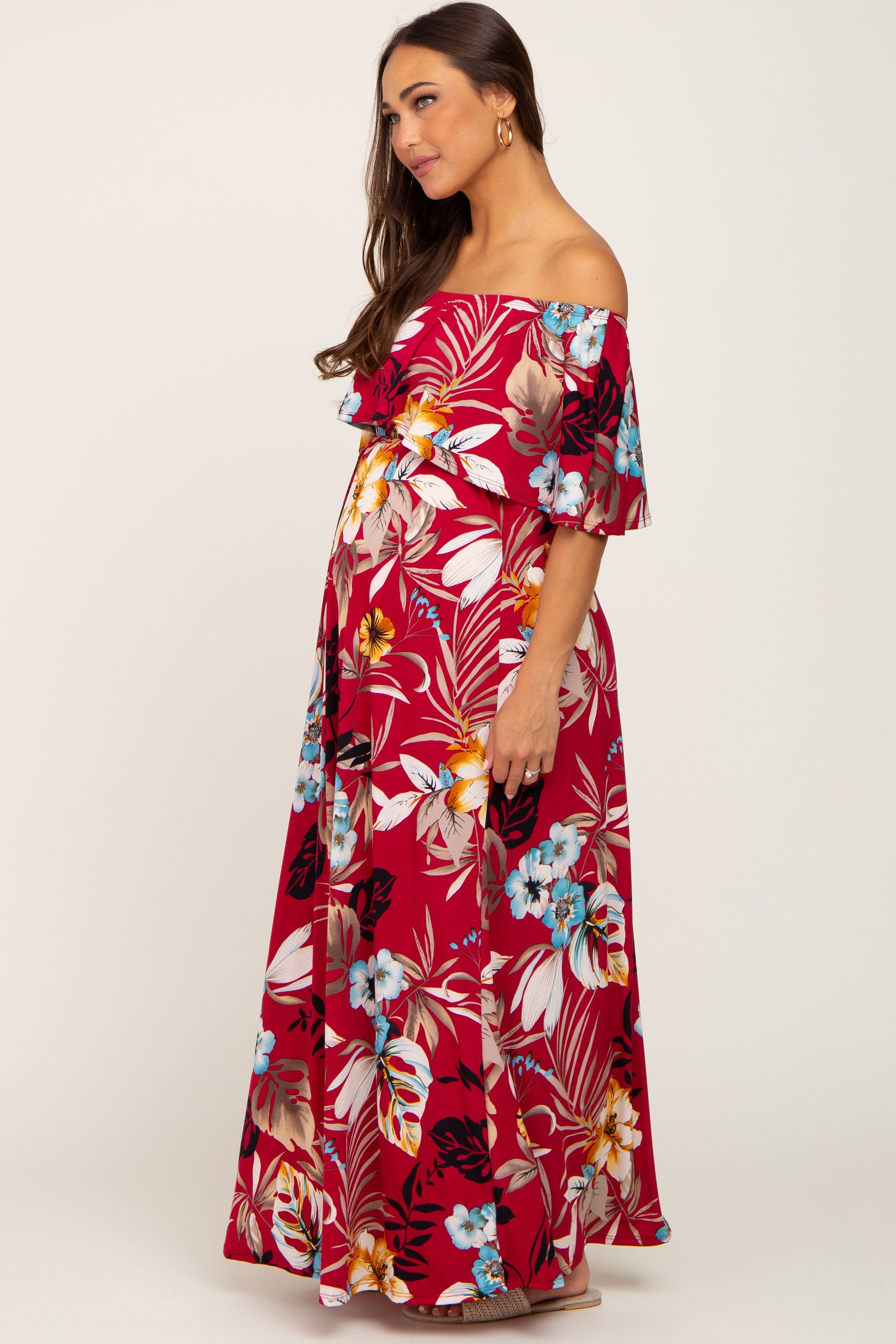 Burgundy Floral Flounce Off Shoulder Maternity Maxi Dress sold by Pinkblush product image thumbnail 2