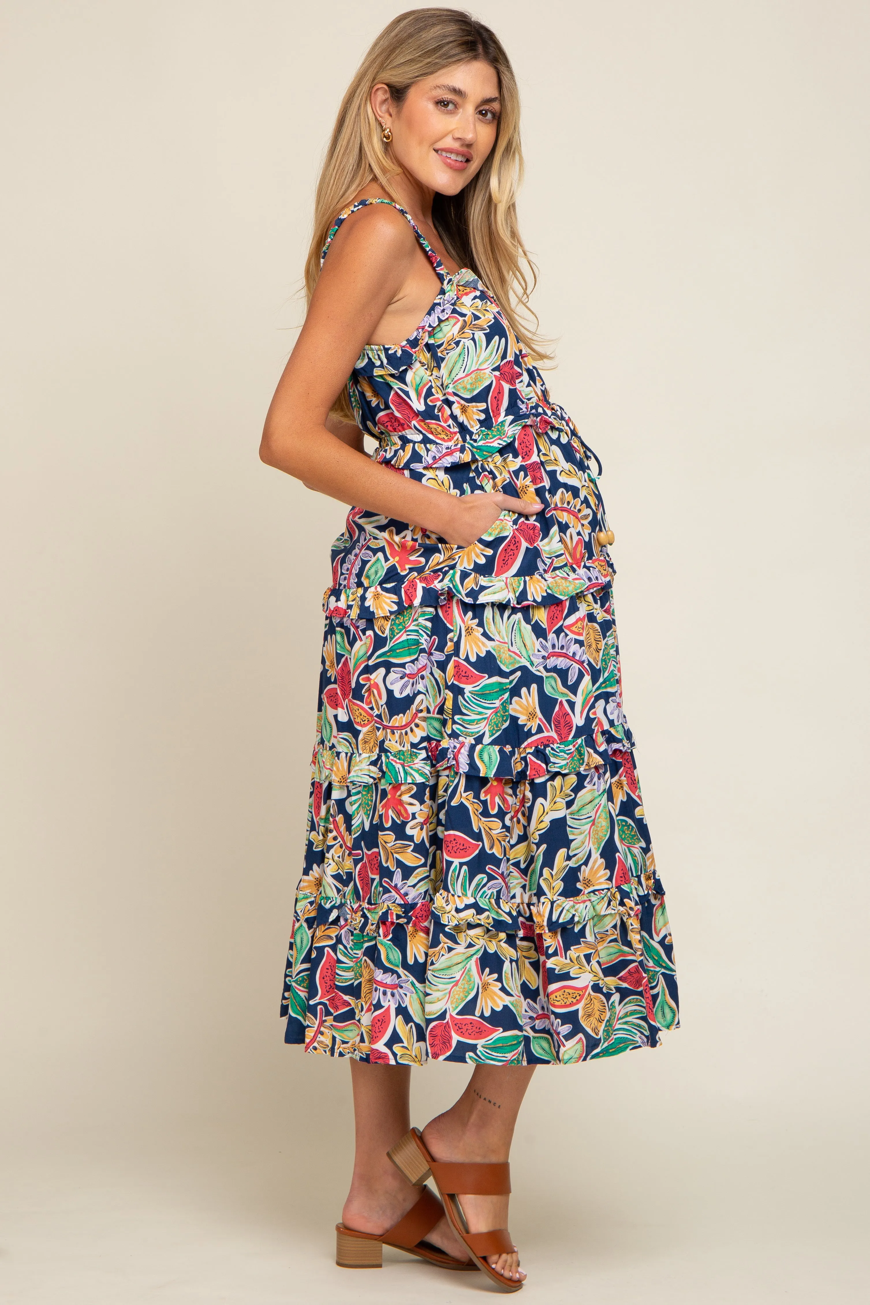 Navy Blue Multi-Color Floral Sleeveless Tiered Maternity Midi Dress sold by Pinkblush product image thumbnail 2