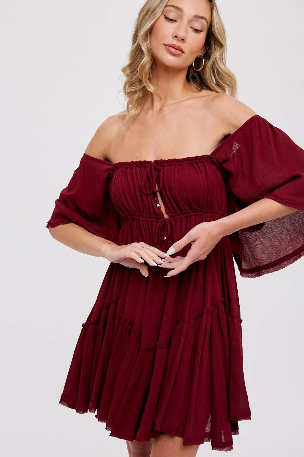 Burgundy Ruffle Hem Ruched Mini Dress sold by Pinkblush product image thumbnail 3