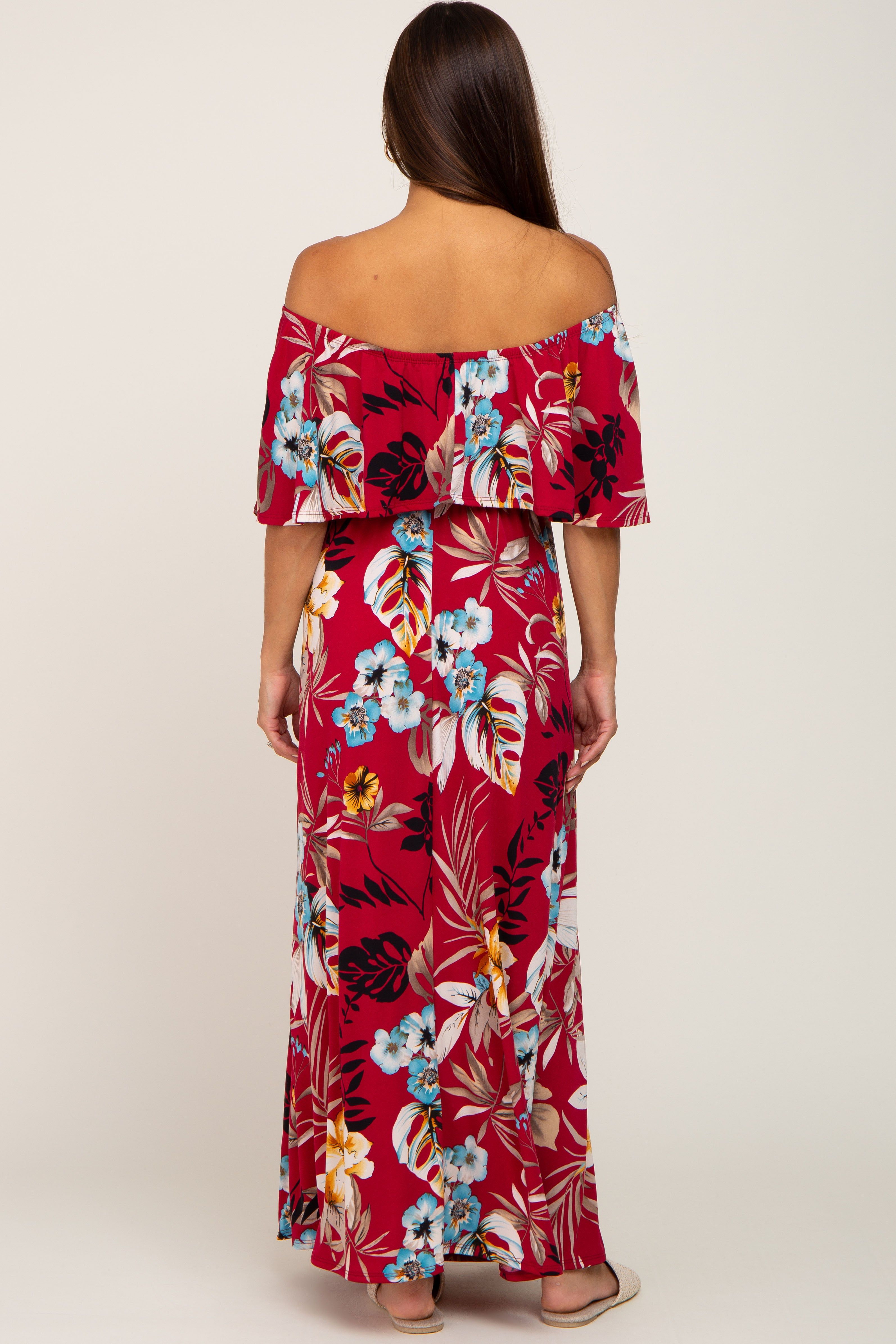 Burgundy Floral Flounce Off Shoulder Maternity Maxi Dress sold by Pinkblush product image thumbnail 3