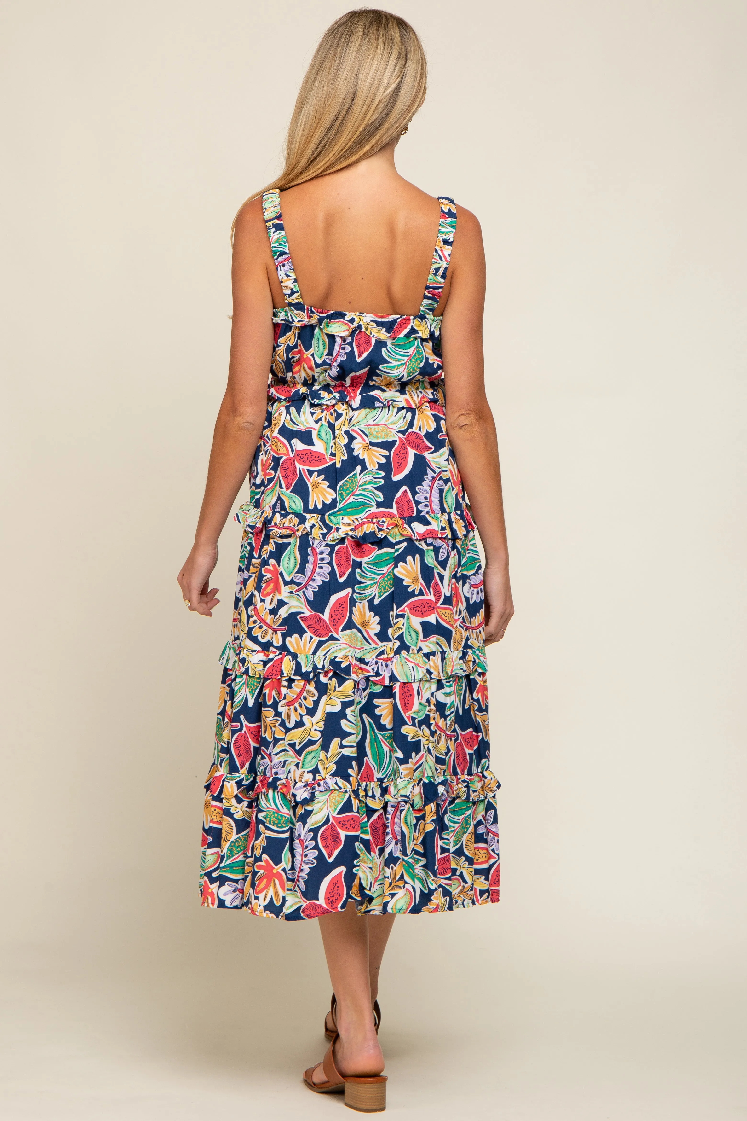 Navy Blue Multi-Color Floral Sleeveless Tiered Maternity Midi Dress sold by Pinkblush product image thumbnail 3