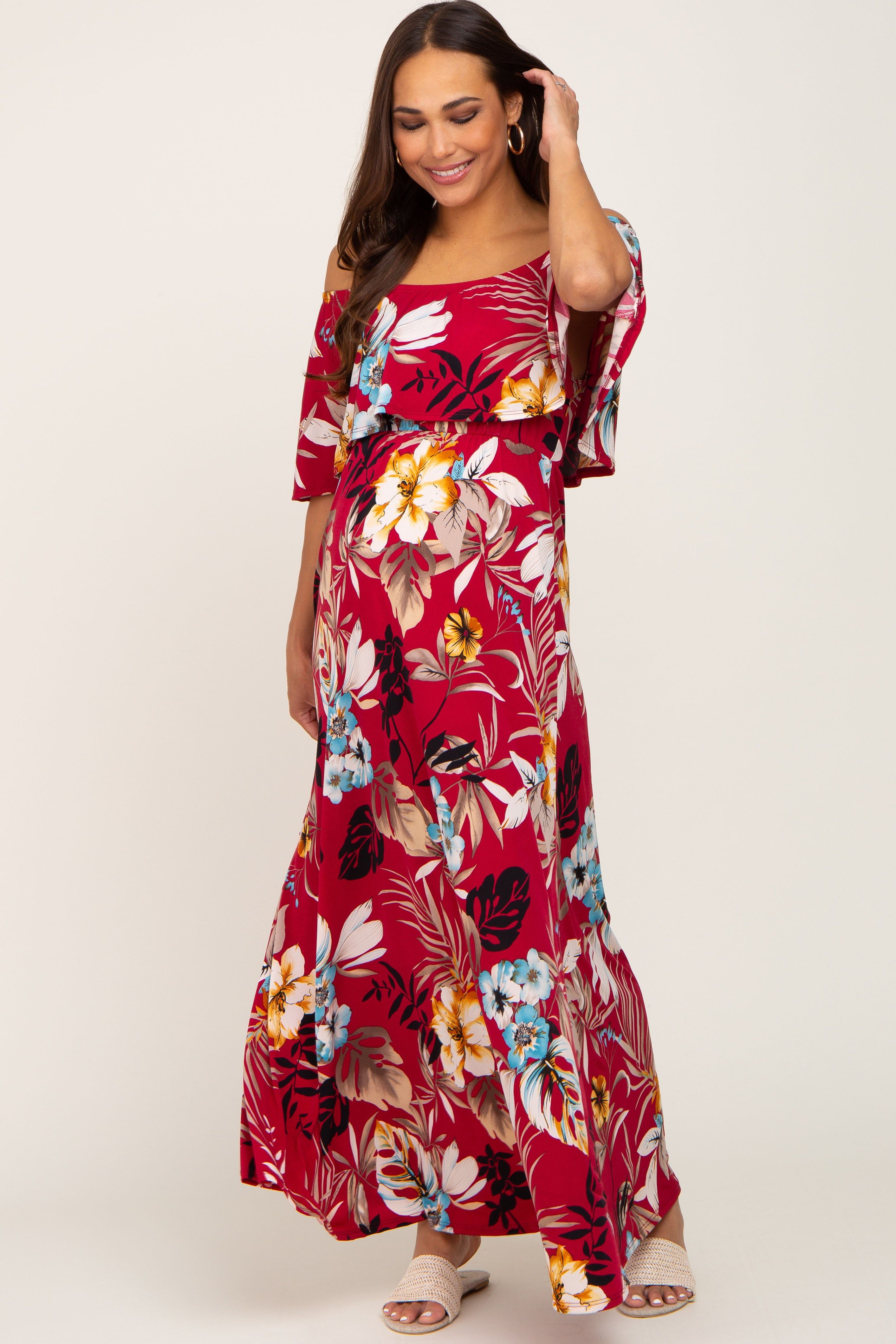 Burgundy Floral Flounce Off Shoulder Maternity Maxi Dress sold by Pinkblush product image thumbnail 4