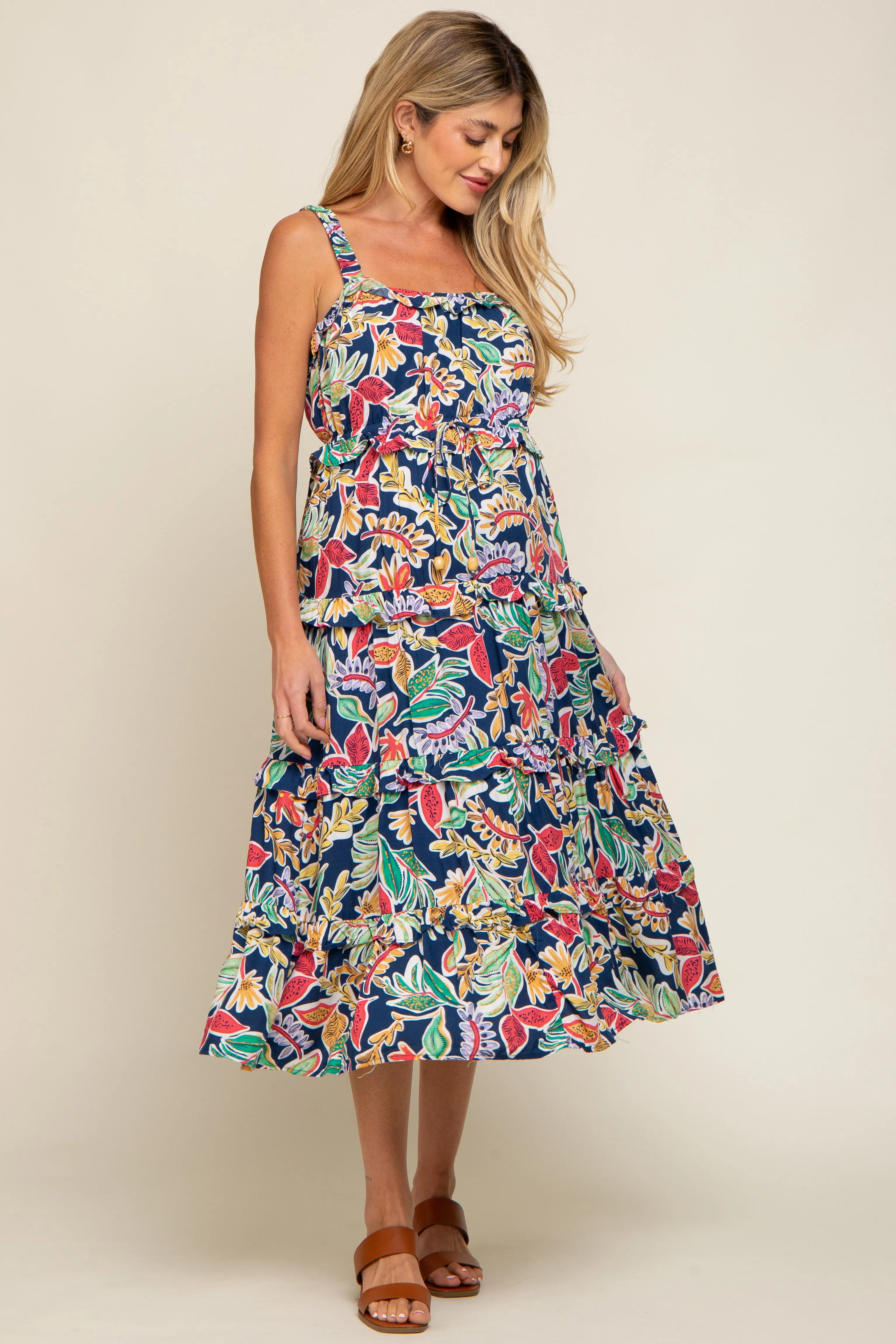 Navy Blue Multi-Color Floral Sleeveless Tiered Maternity Midi Dress sold by Pinkblush product image thumbnail 4