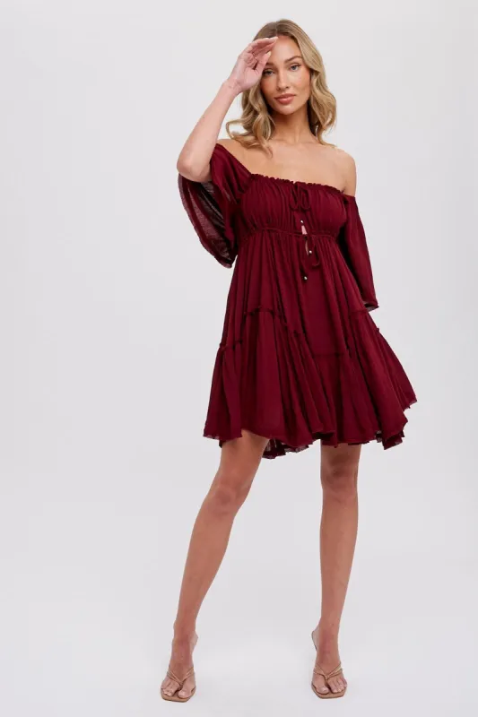 Burgundy Ruffle Hem  Ruched Mini Dress sold by Pinkblush