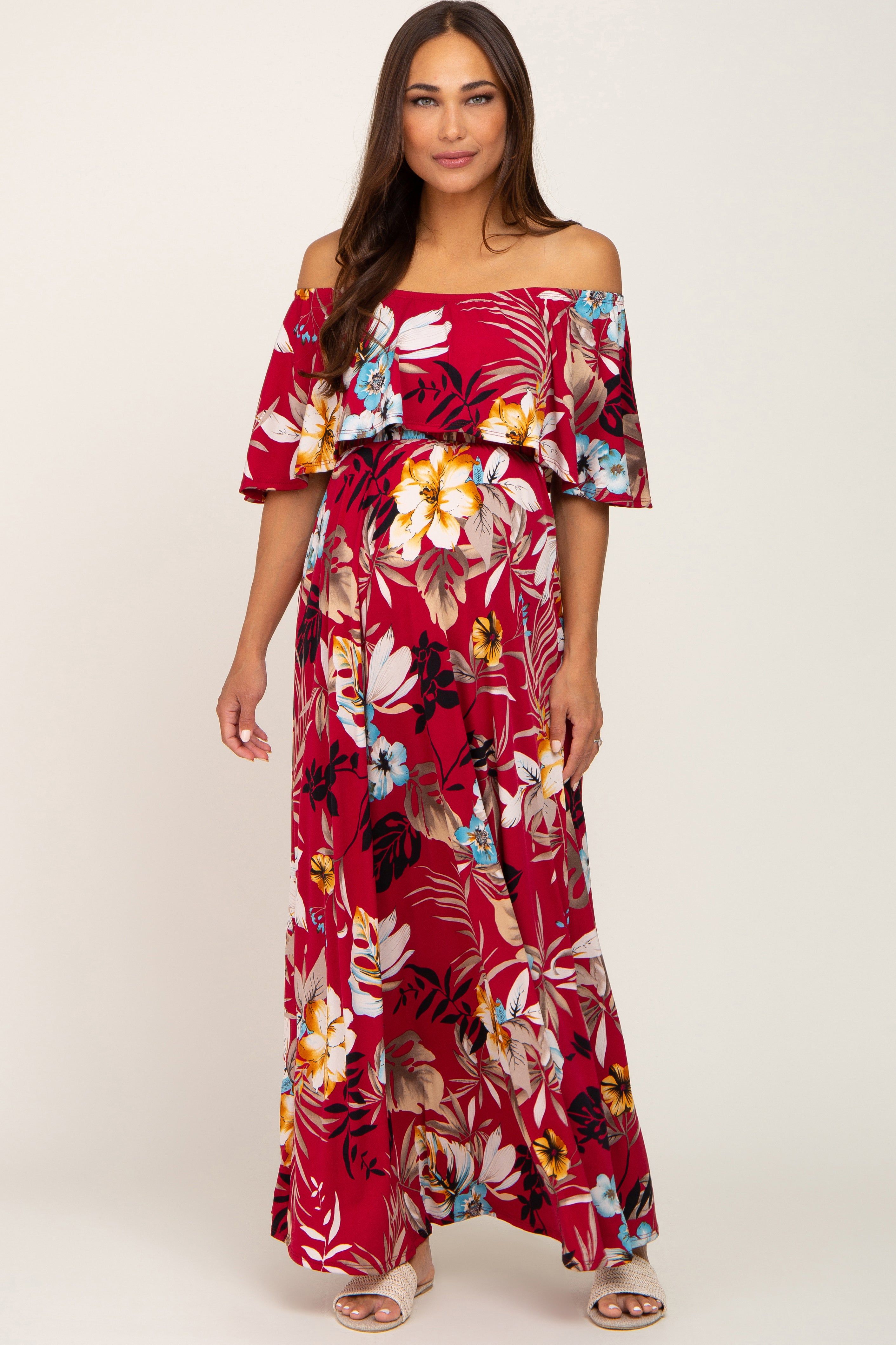 Burgundy Floral Flounce Off Shoulder Maternity Maxi Dress sold by Pinkblush