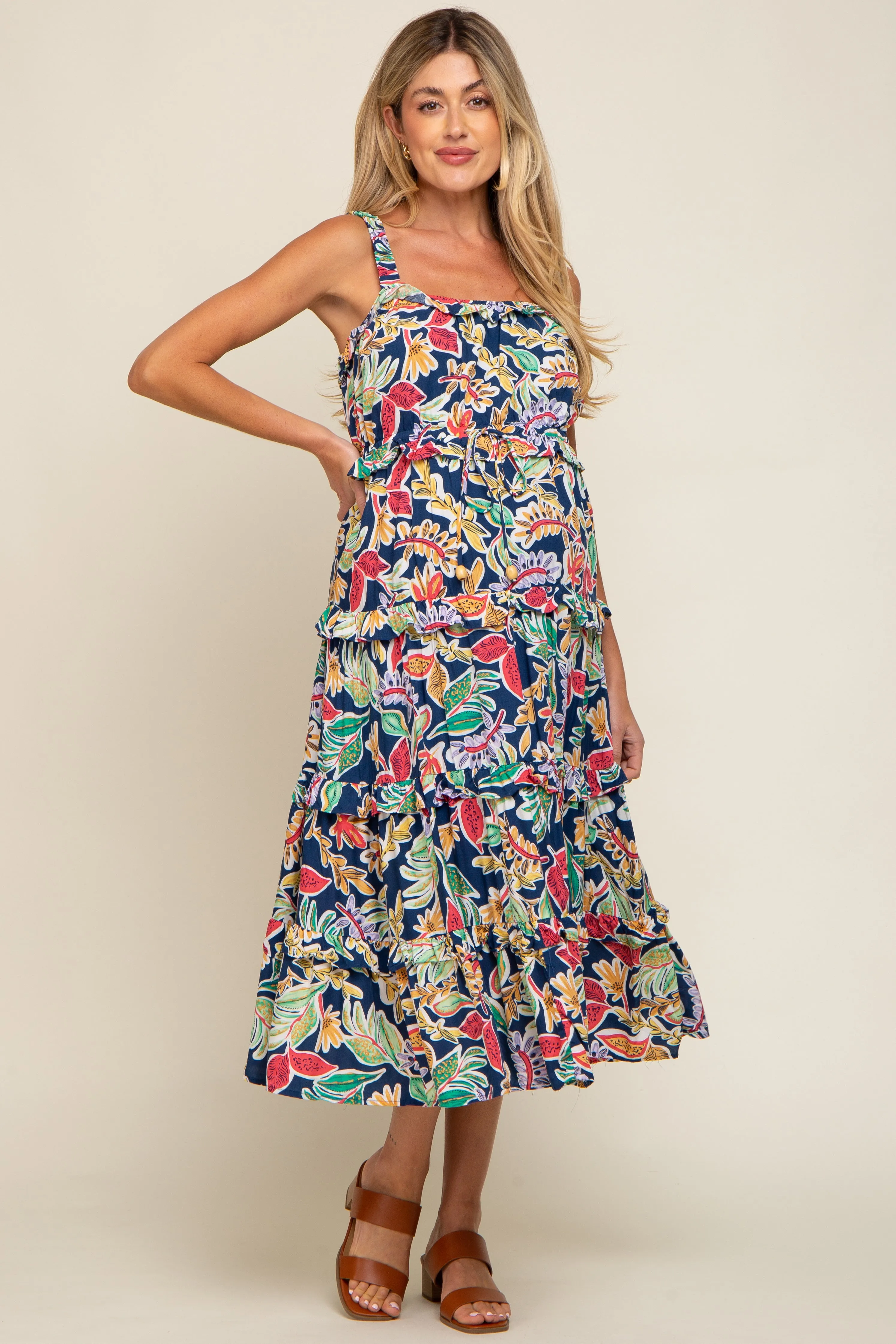Navy Blue Multi-Color Floral Sleeveless Tiered Maternity Midi Dress sold by Pinkblush