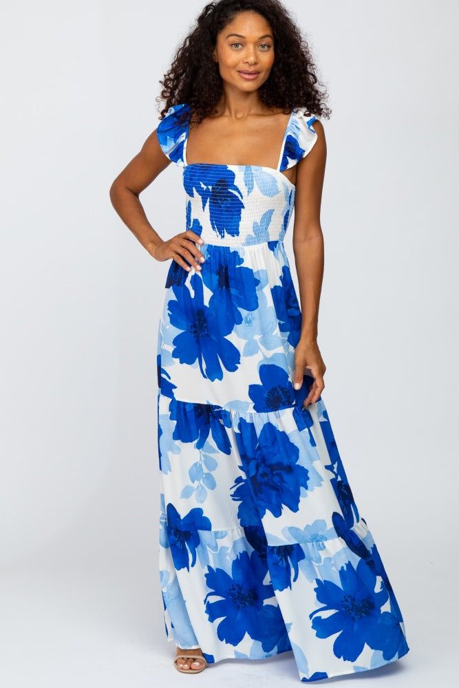 Blue Floral Smocked Tiered Maxi Dress sold by Pinkblush