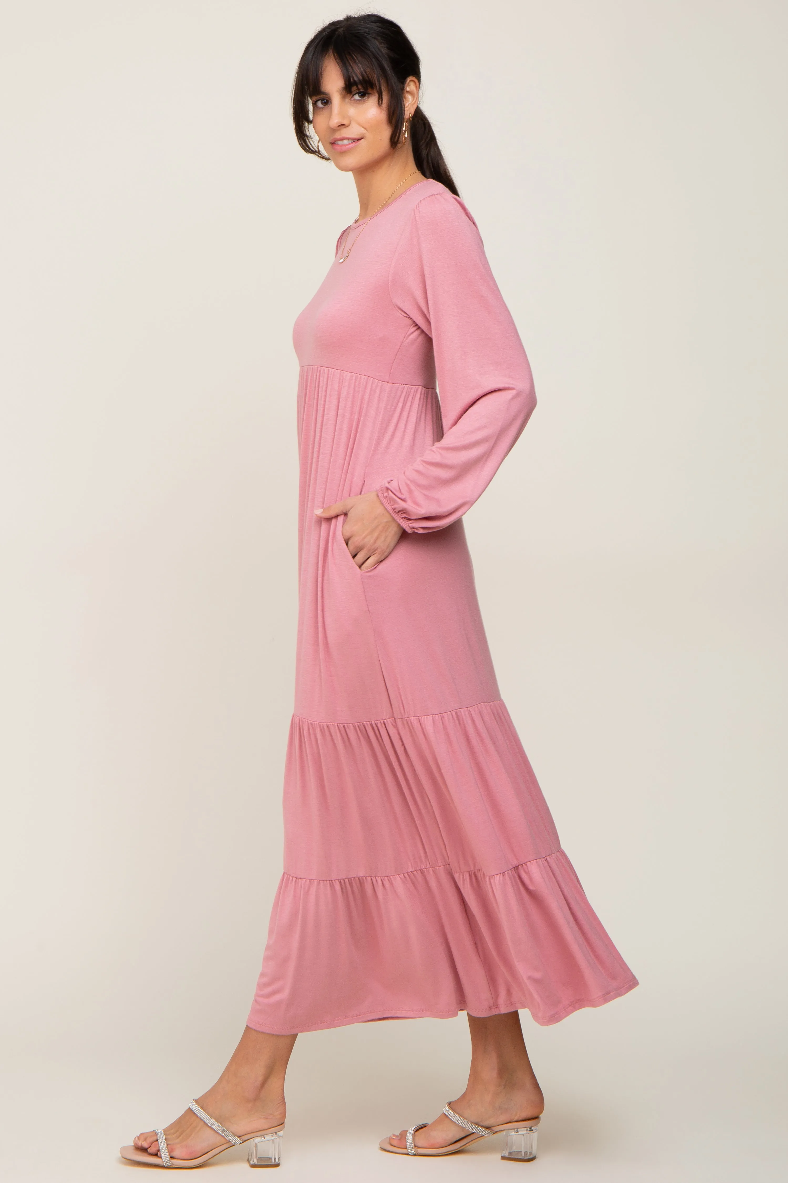 Mauve Long Sleeve Tiered Maxi Dress sold by Pinkblush product image thumbnail 2