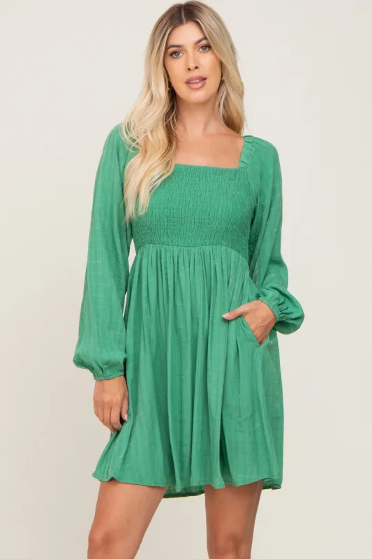Green Smocked Long Sleeve Dress sold by Pinkblush