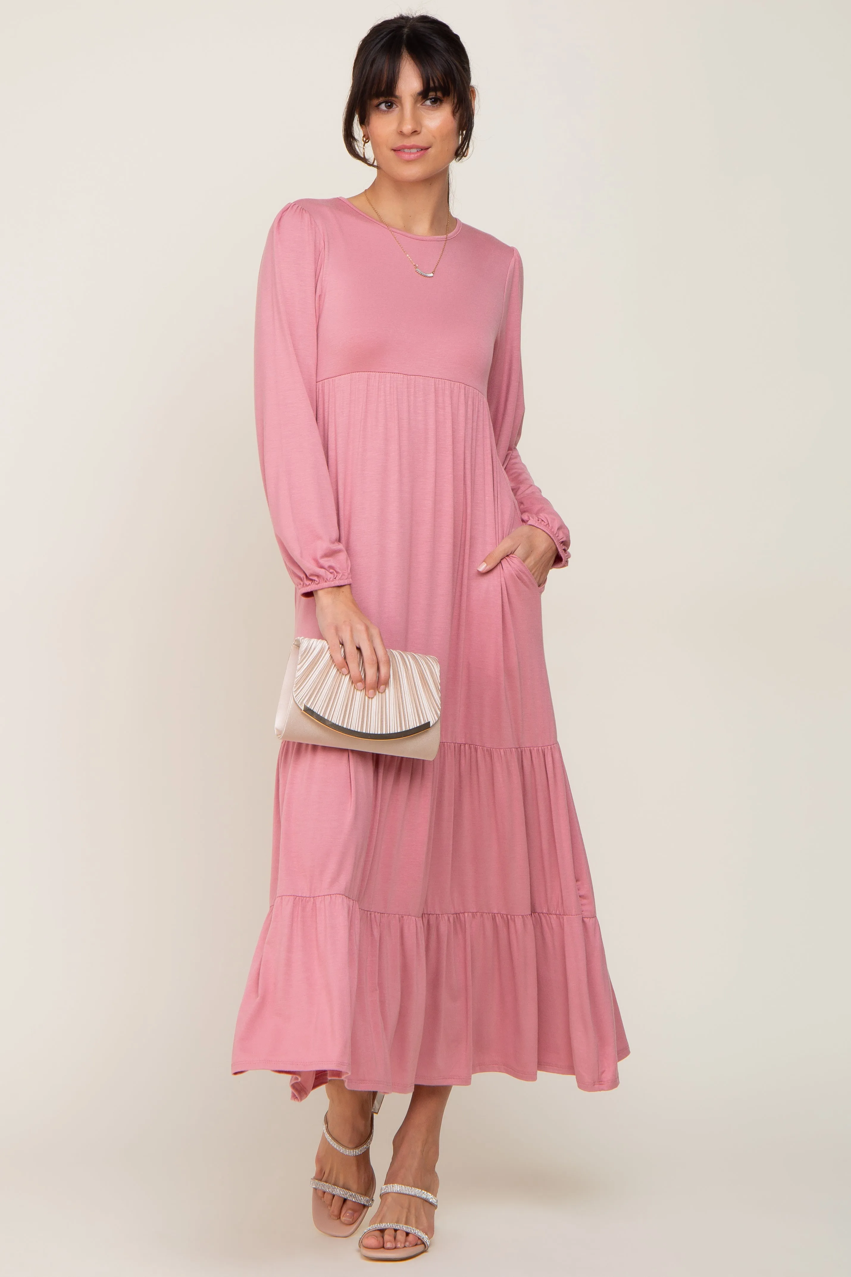 Mauve Long Sleeve Tiered Maxi Dress sold by Pinkblush product image thumbnail 4
