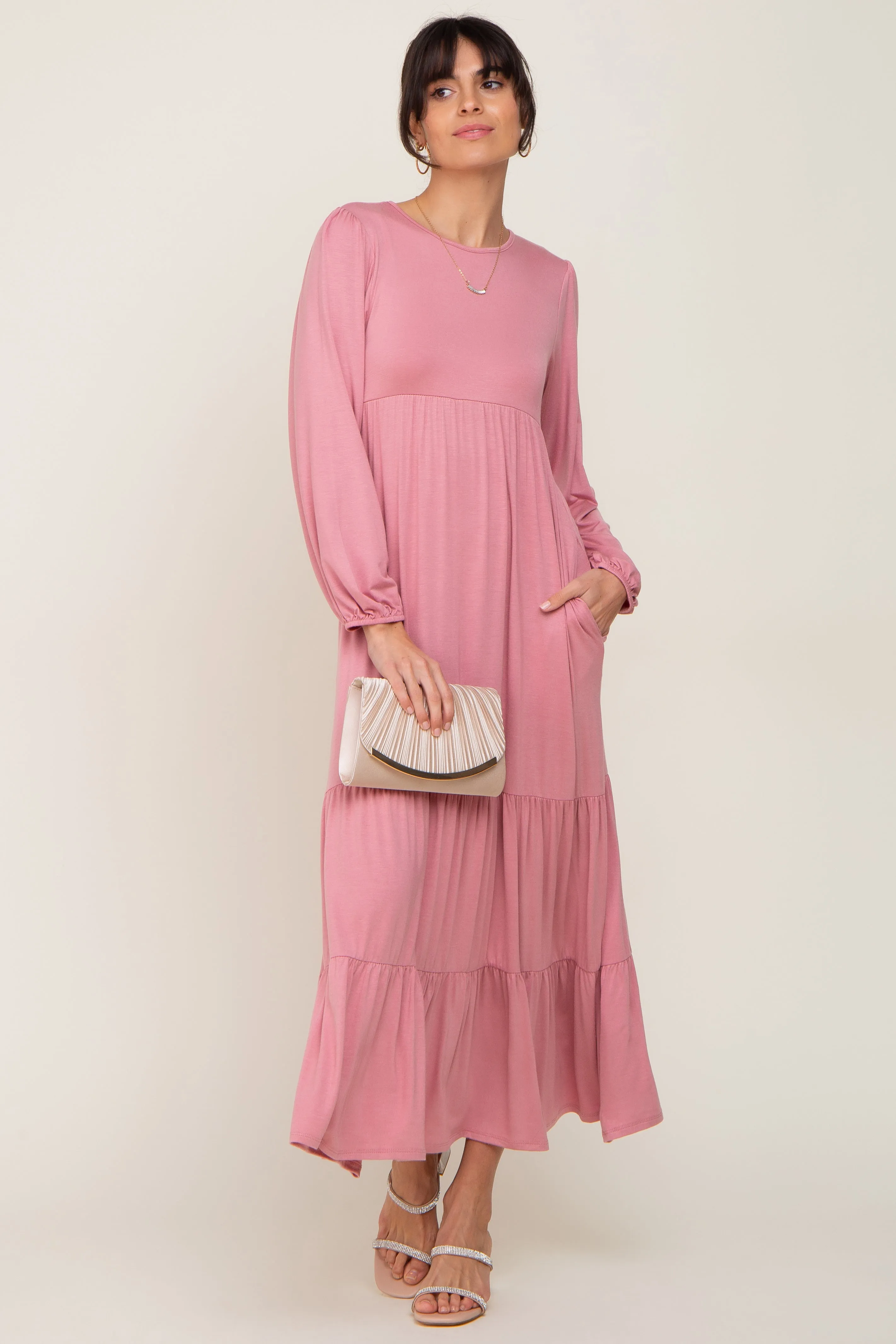 Mauve Long Sleeve Tiered Maxi Dress sold by Pinkblush
