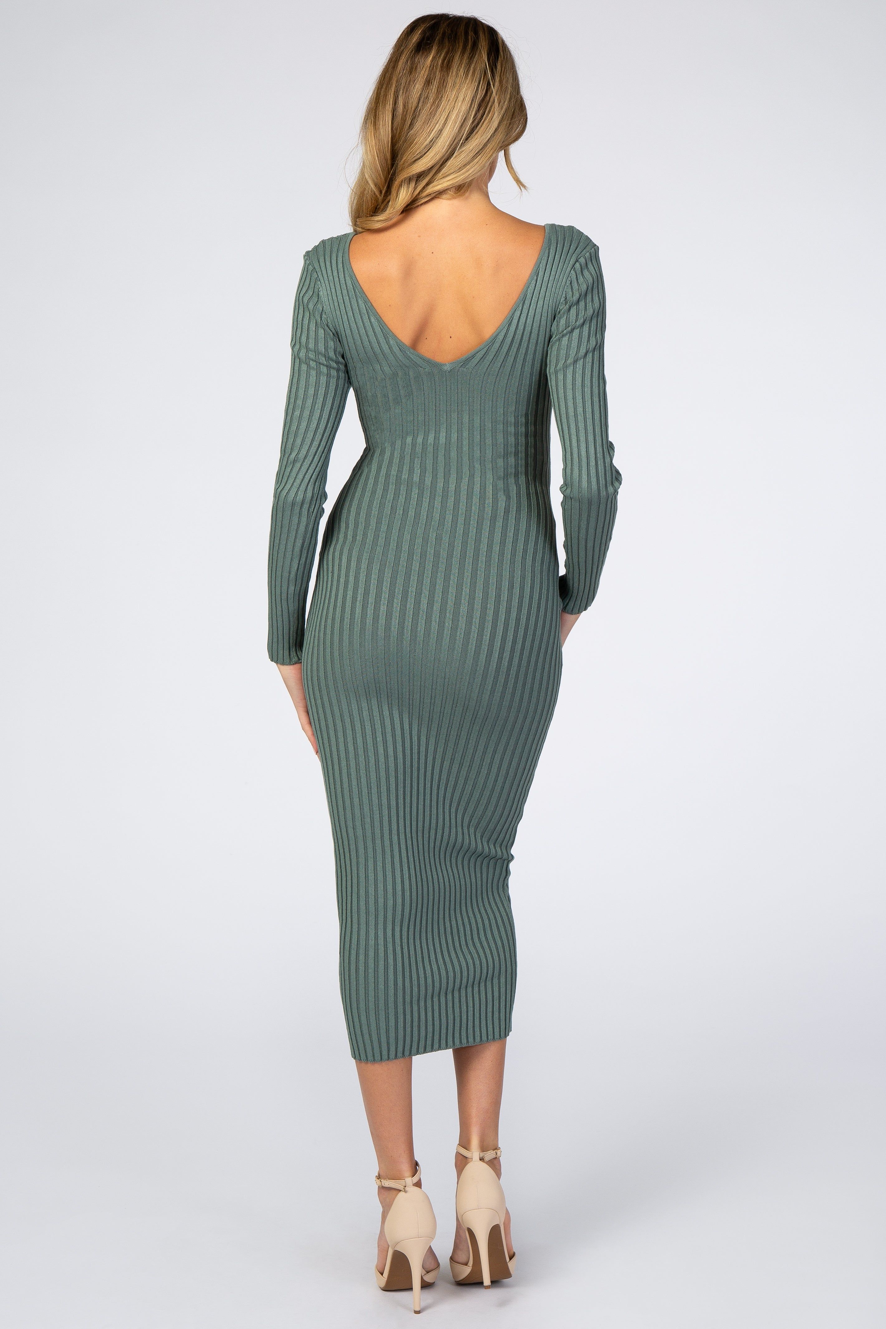 Olive V-Neck Long Sleeve Fitted Maternity Maxi Dress sold by Pinkblush product image thumbnail 3