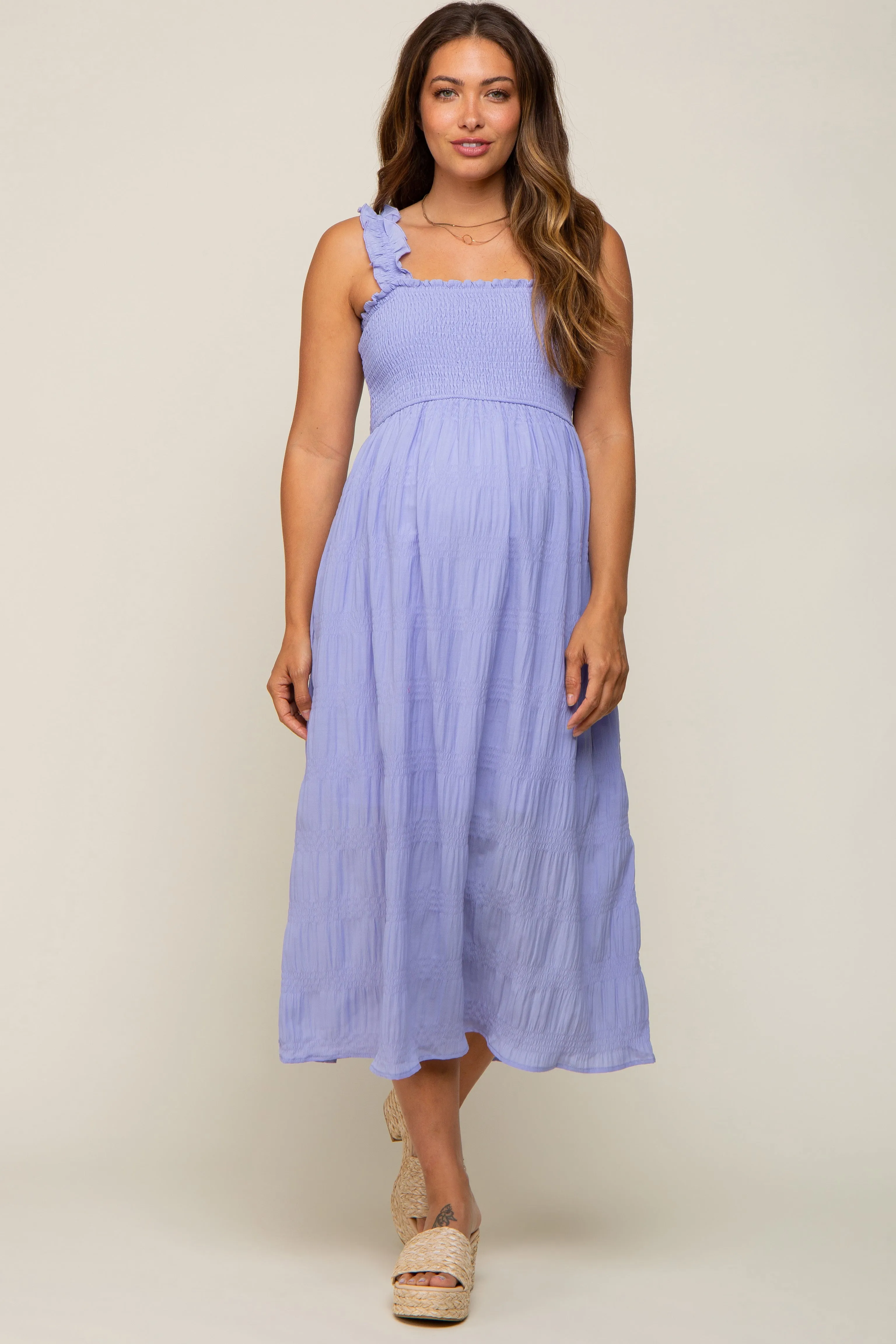 Lavender Smocked Square Neck Maternity Midi Dress sold by Pinkblush product image thumbnail 4