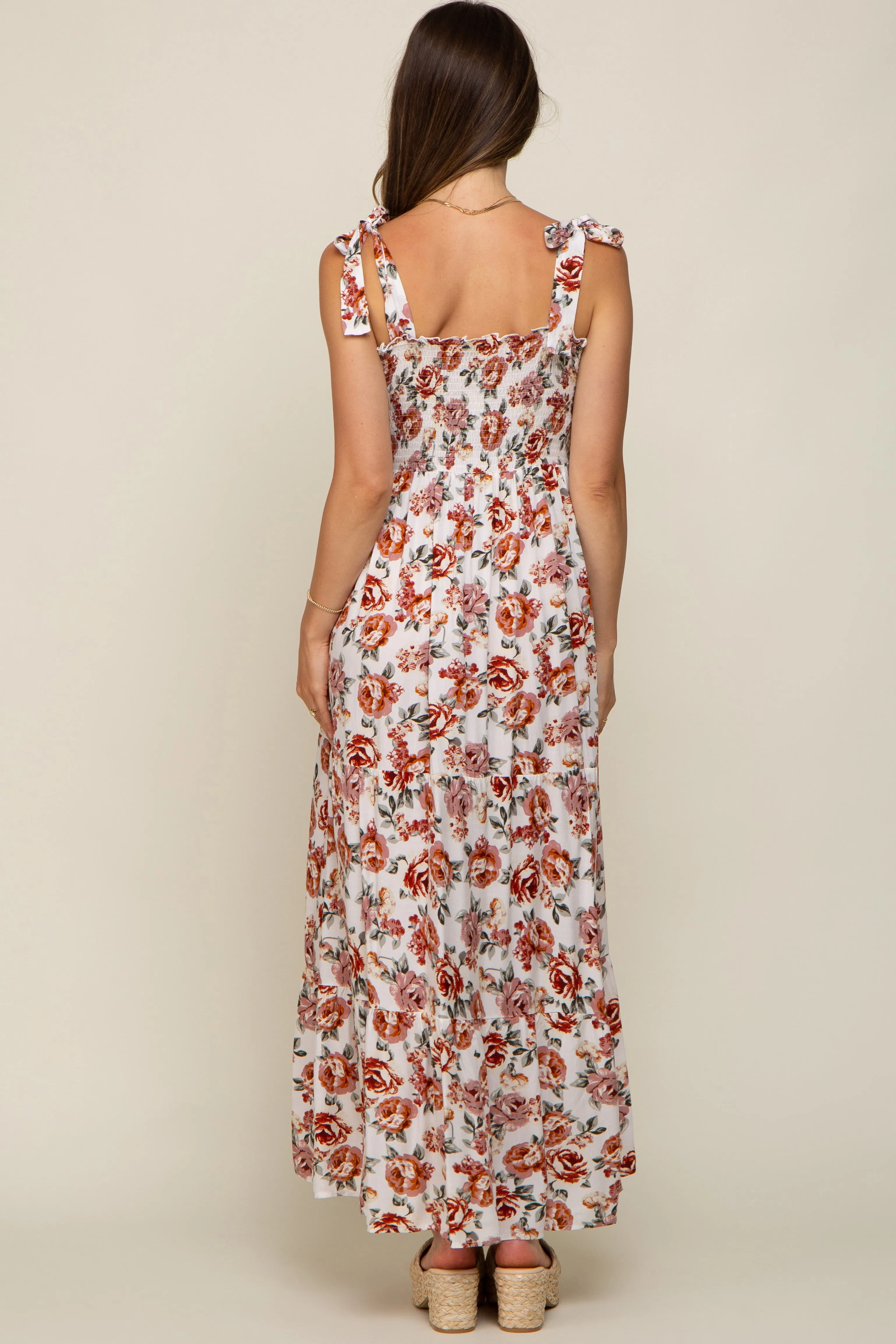 Cream Floral Smocked Shoulder Tie Tiered Maternity Maxi Dress sold by Pinkblush product image thumbnail 3