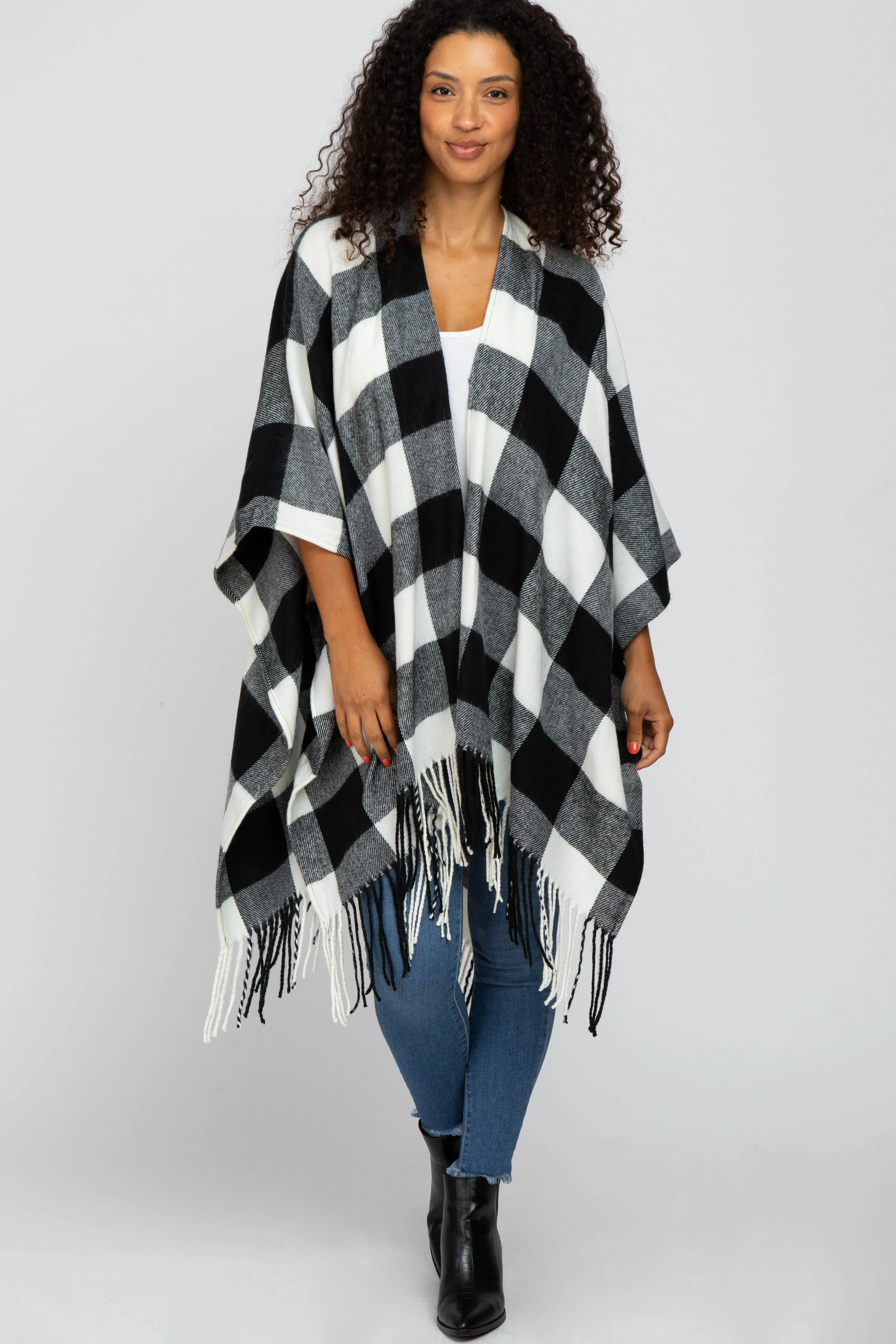 Ivory Plaid Fringe Poncho sold by Pinkblush product image thumbnail 4