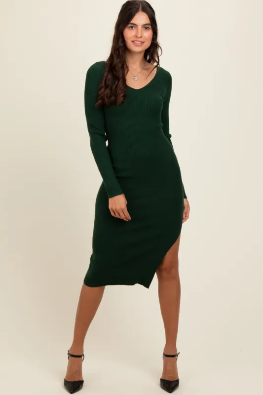 Forest Green Ribbed Knit Side Slit Midi Dress sold by Pinkblush