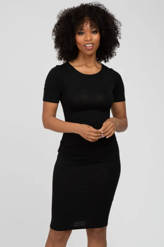 Black Ruched Short Sleeve Dress sold by Pinkblush