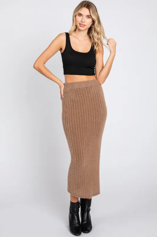 Mocha Fuzzy Ribbed Midi Skirt sold by Pinkblush
