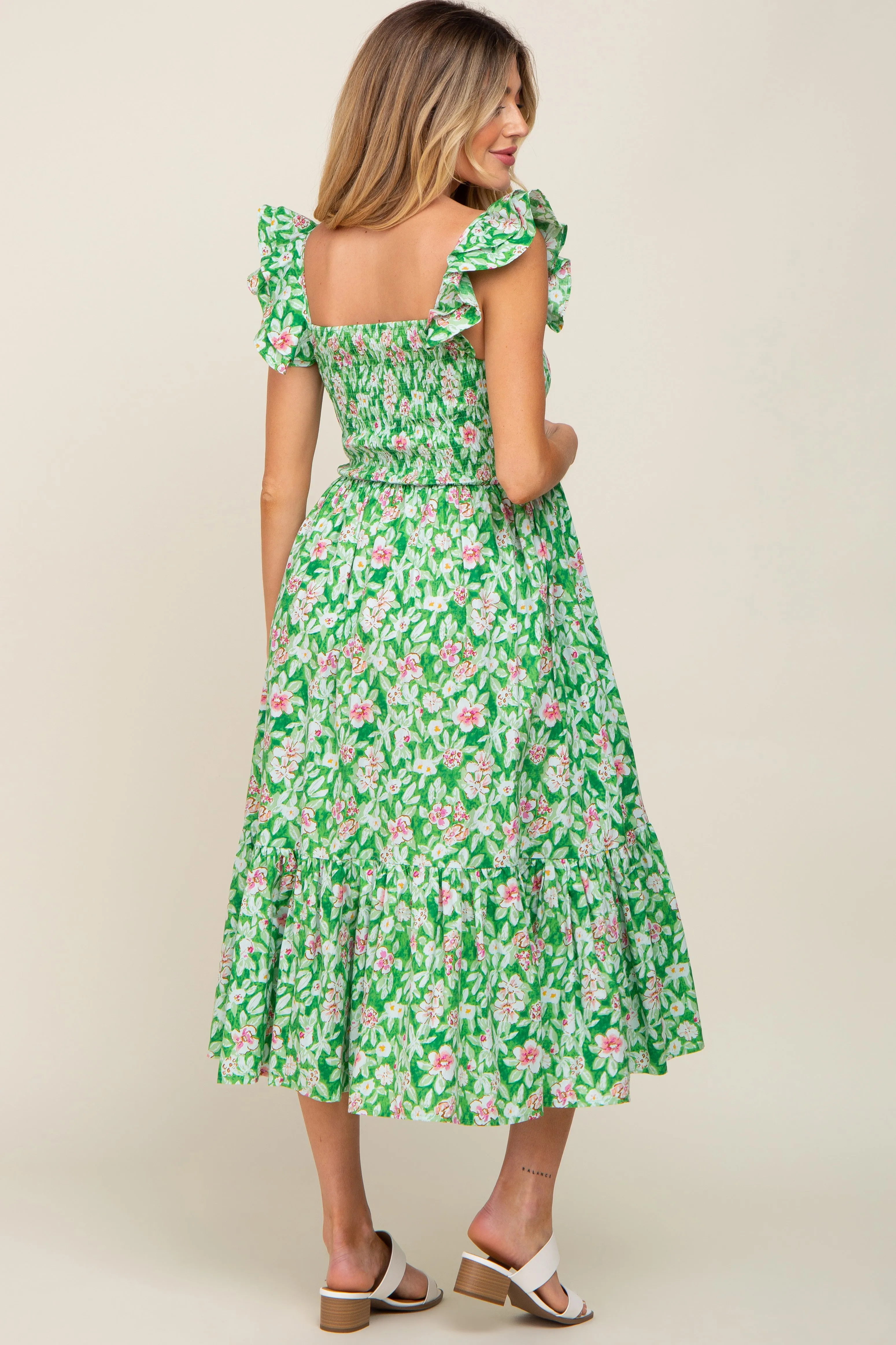 Green Floral Smocked Frill Sleeve Maternity Midi Dress sold by Pinkblush product image thumbnail 3
