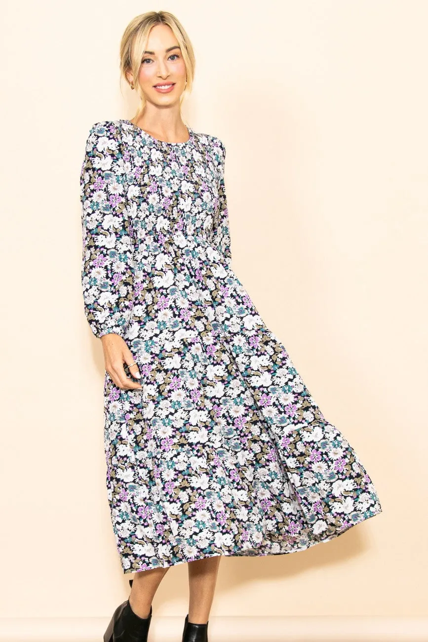 Black Floral Smocked Tiered Midi Dress sold by Pinkblush