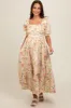 Ivory Floral Pleated Puff Sleeve Maternity Midi Dress sold by Pinkblush