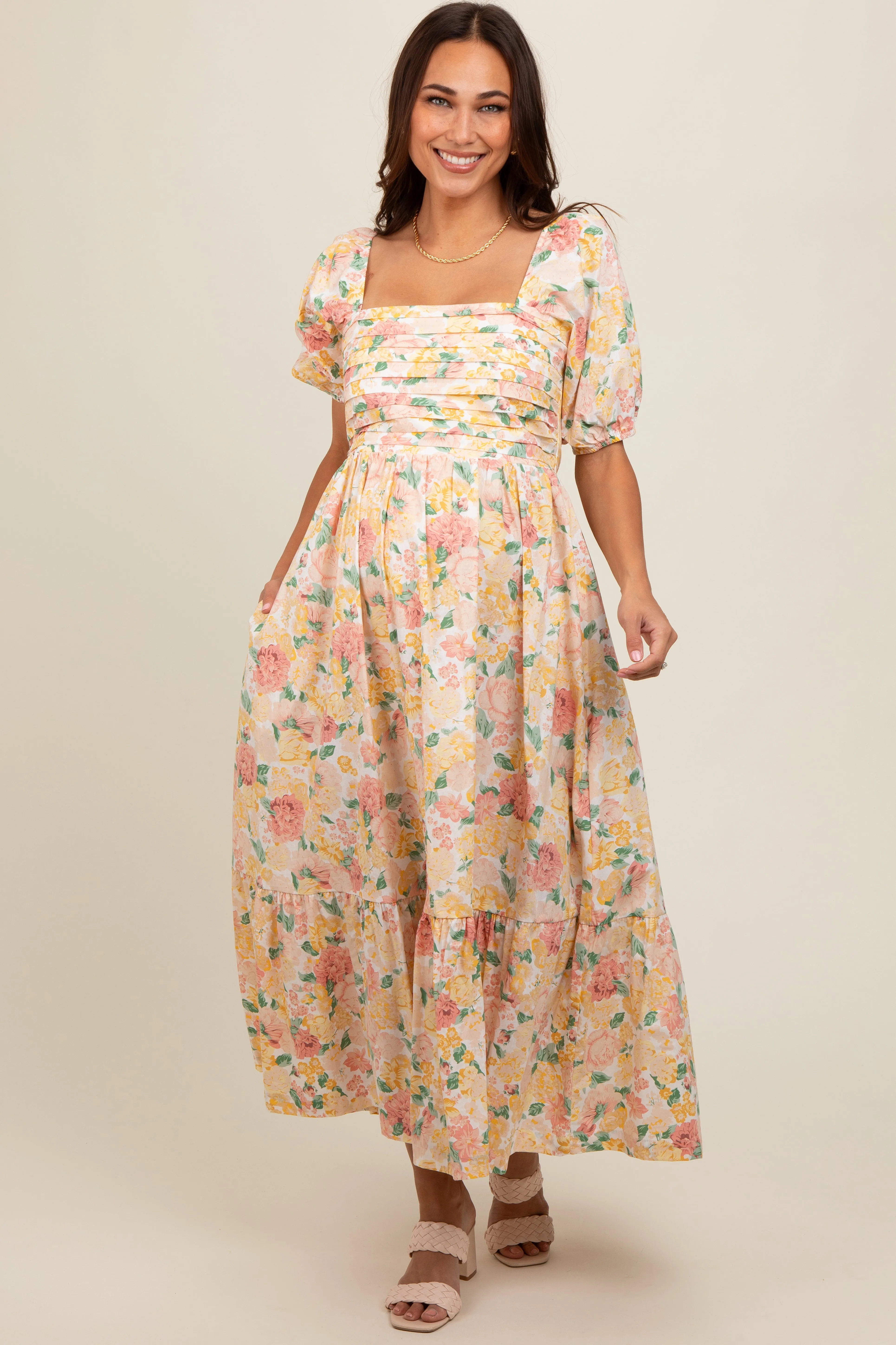 Ivory Floral Pleated Puff Sleeve Maternity Midi Dress sold by Pinkblush product image thumbnail 2