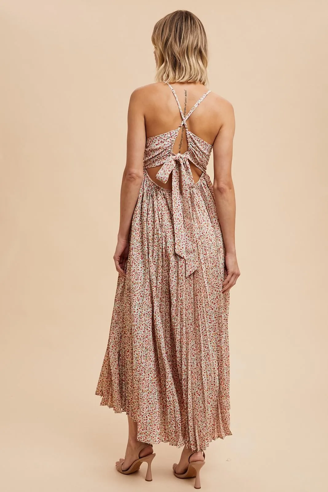 Coral Floral Pleated Cutout Back Maxi Dress sold by Pinkblush product image thumbnail 4