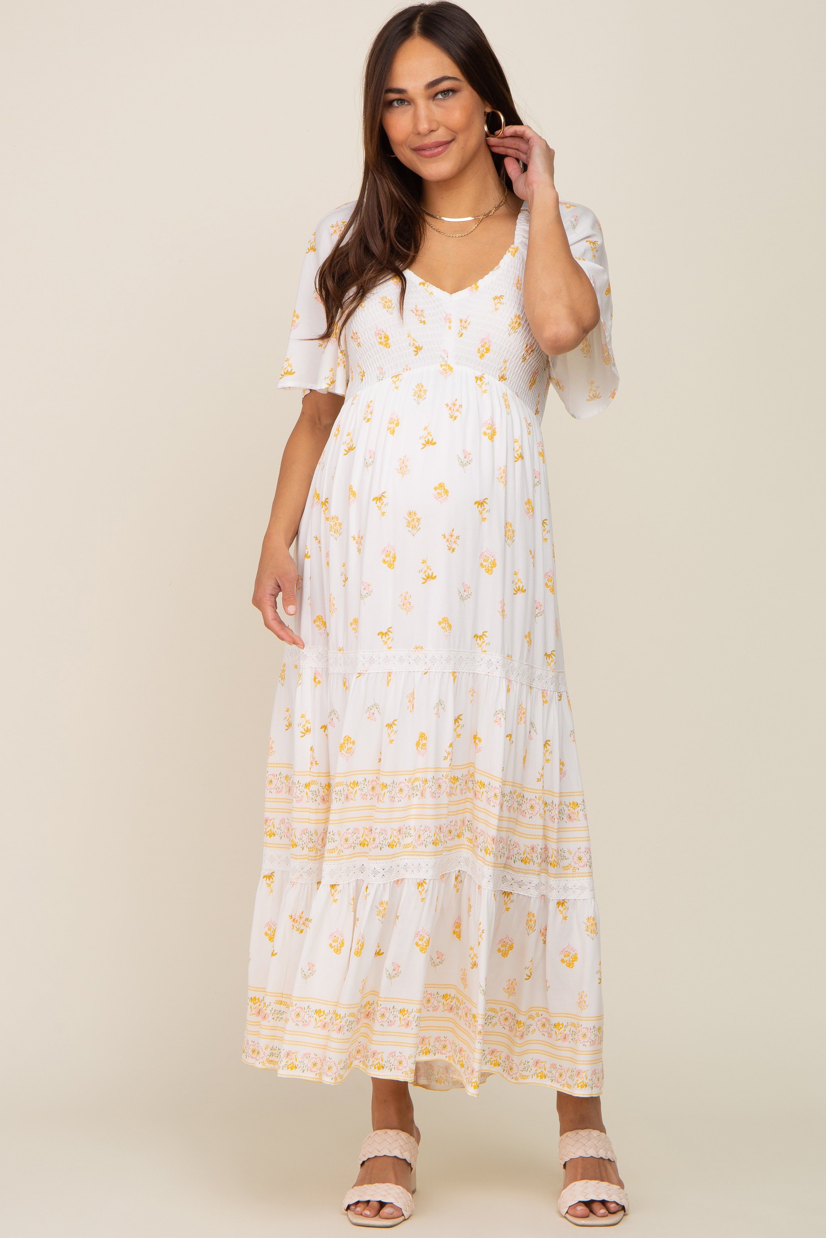 Ivory Floral Flutter Sleeve Maternity Midi Dress sold by Pinkblush