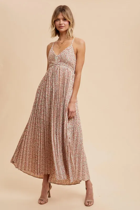 Coral Floral Pleated Cutout Back Maxi Dress sold by Pinkblush