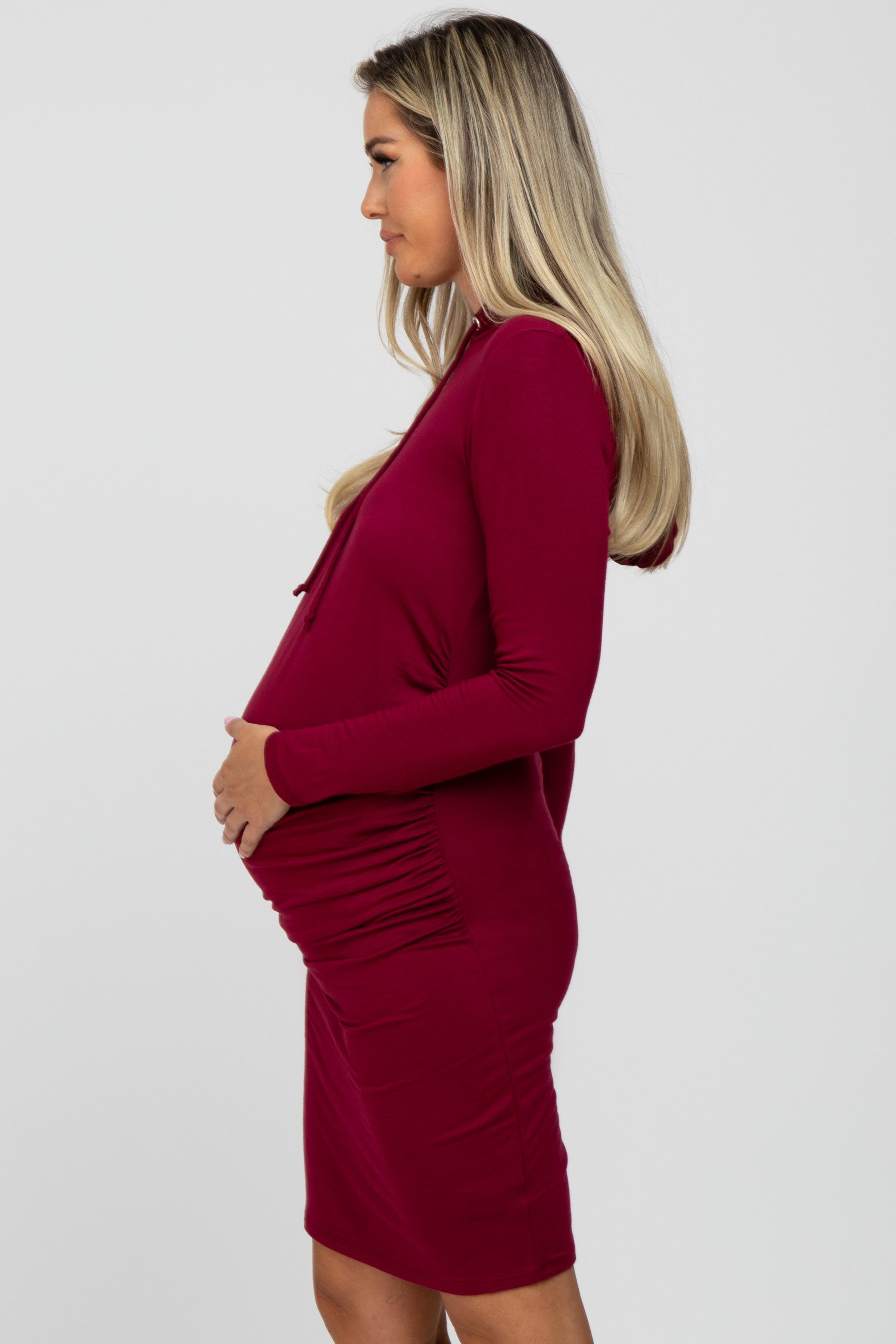 Burgundy Ruched Hooded Maternity Dress sold by Pinkblush product image thumbnail 2