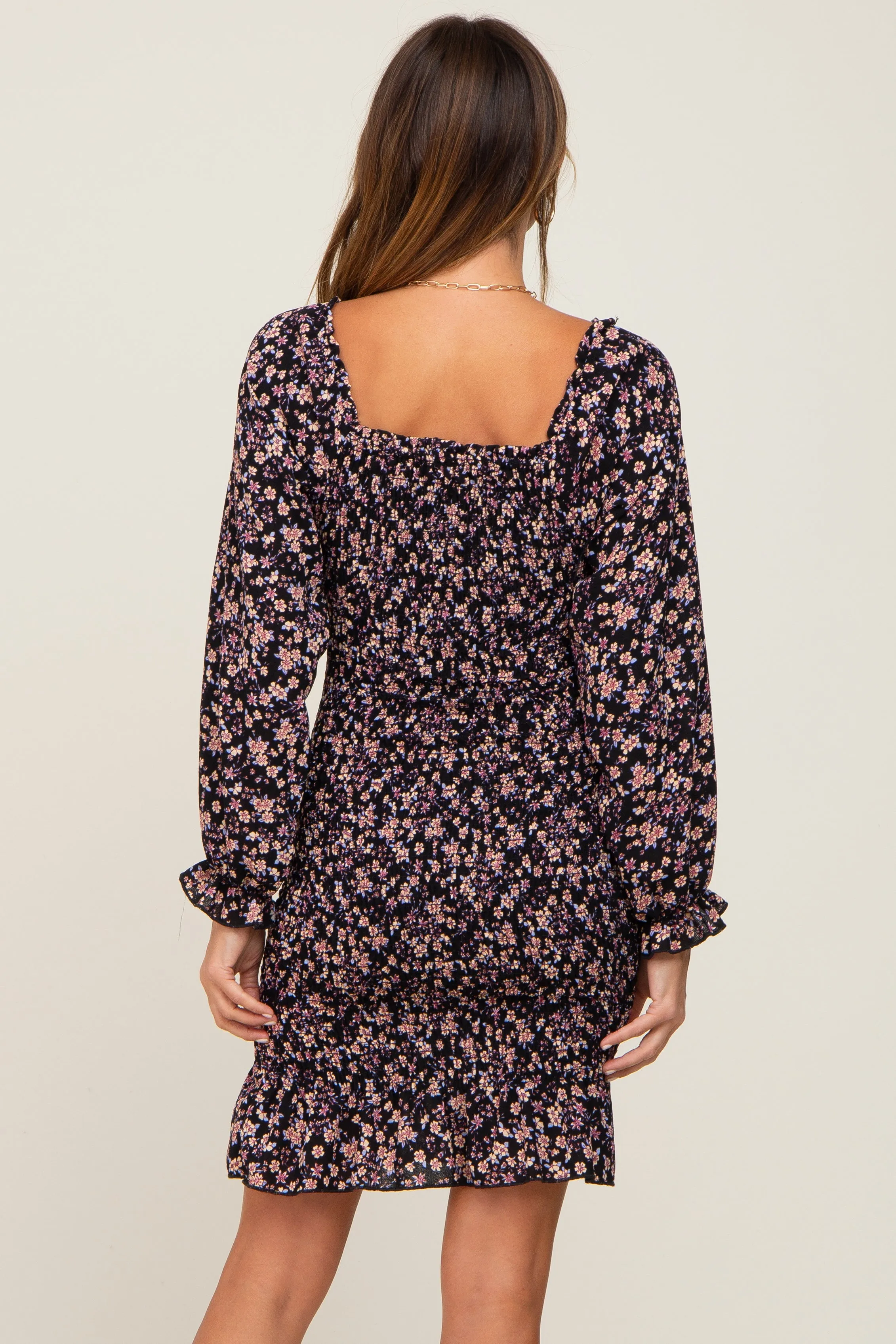 Black Floral Print Long Sleeve Smocked Dress sold by Pinkblush product image thumbnail 3