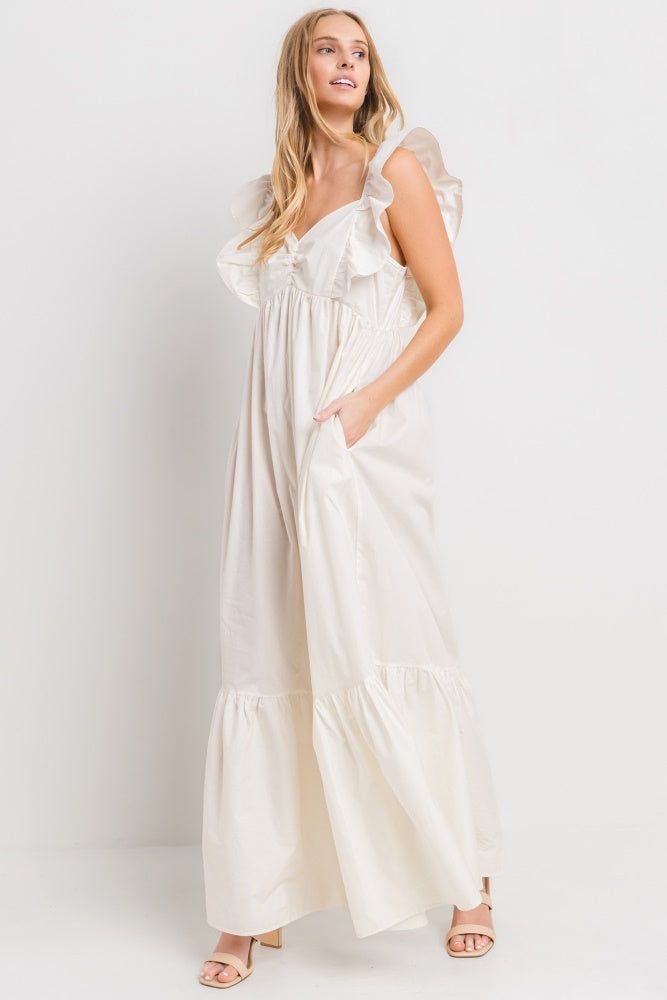 Ivory Multi Solid Poplin Tiered Maxi Dress sold by Pinkblush product image thumbnail 3