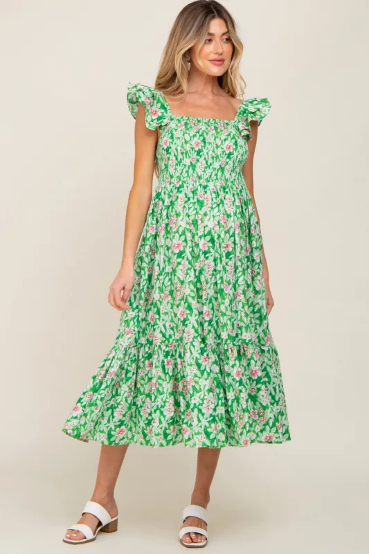 Green Floral Smocked Frill Sleeve Maternity Midi Dress sold by Pinkblush