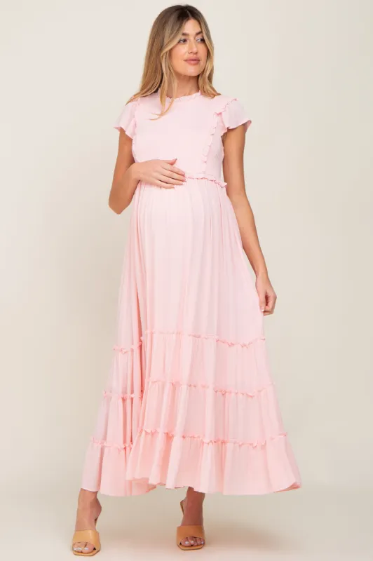 Light Pink Smocked Ruffle Accent Tiered Maternity Maxi Dress sold by Pinkblush