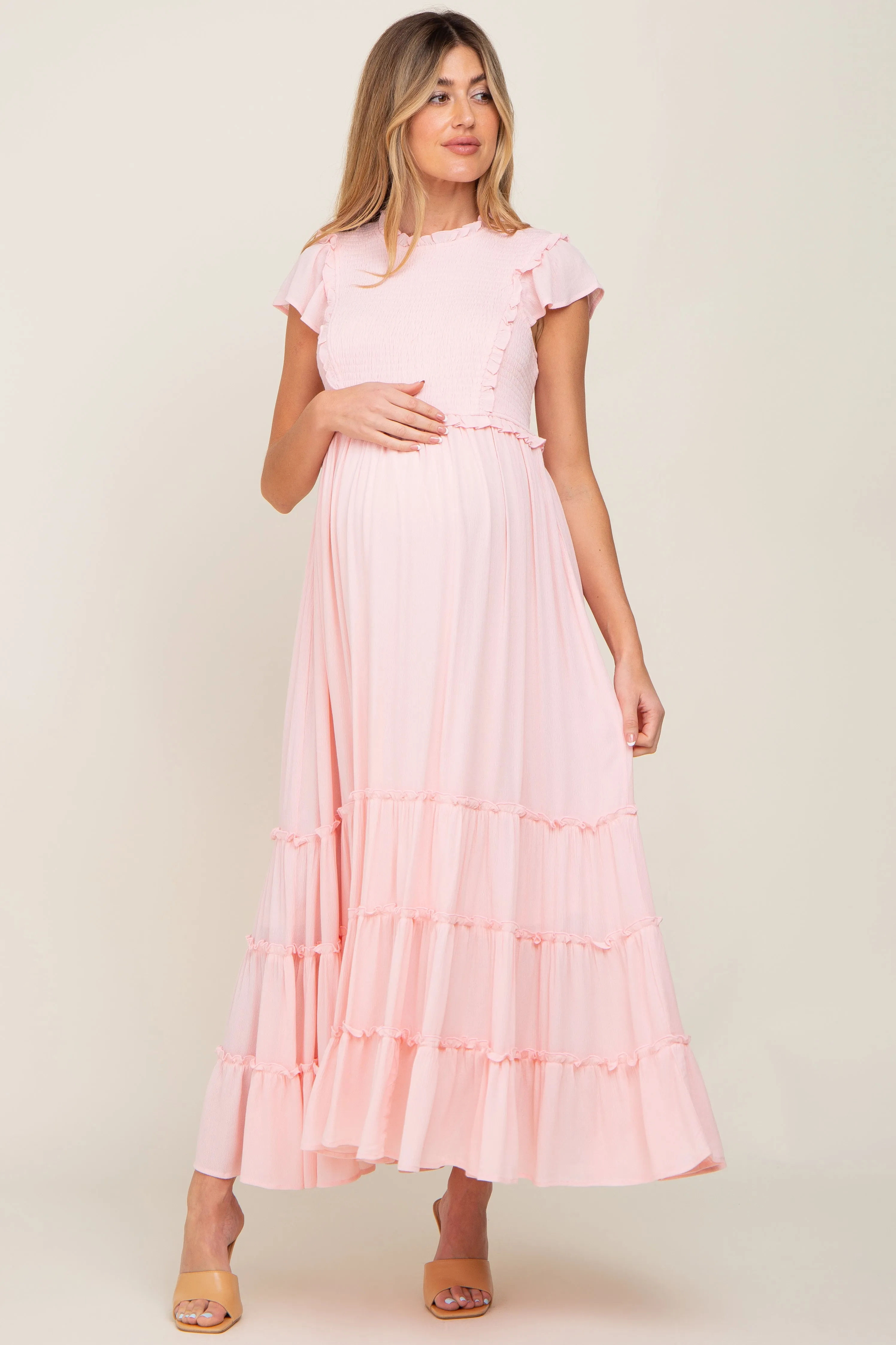 Light Pink Smocked Ruffle Accent Tiered Maternity Maxi Dress sold by Pinkblush