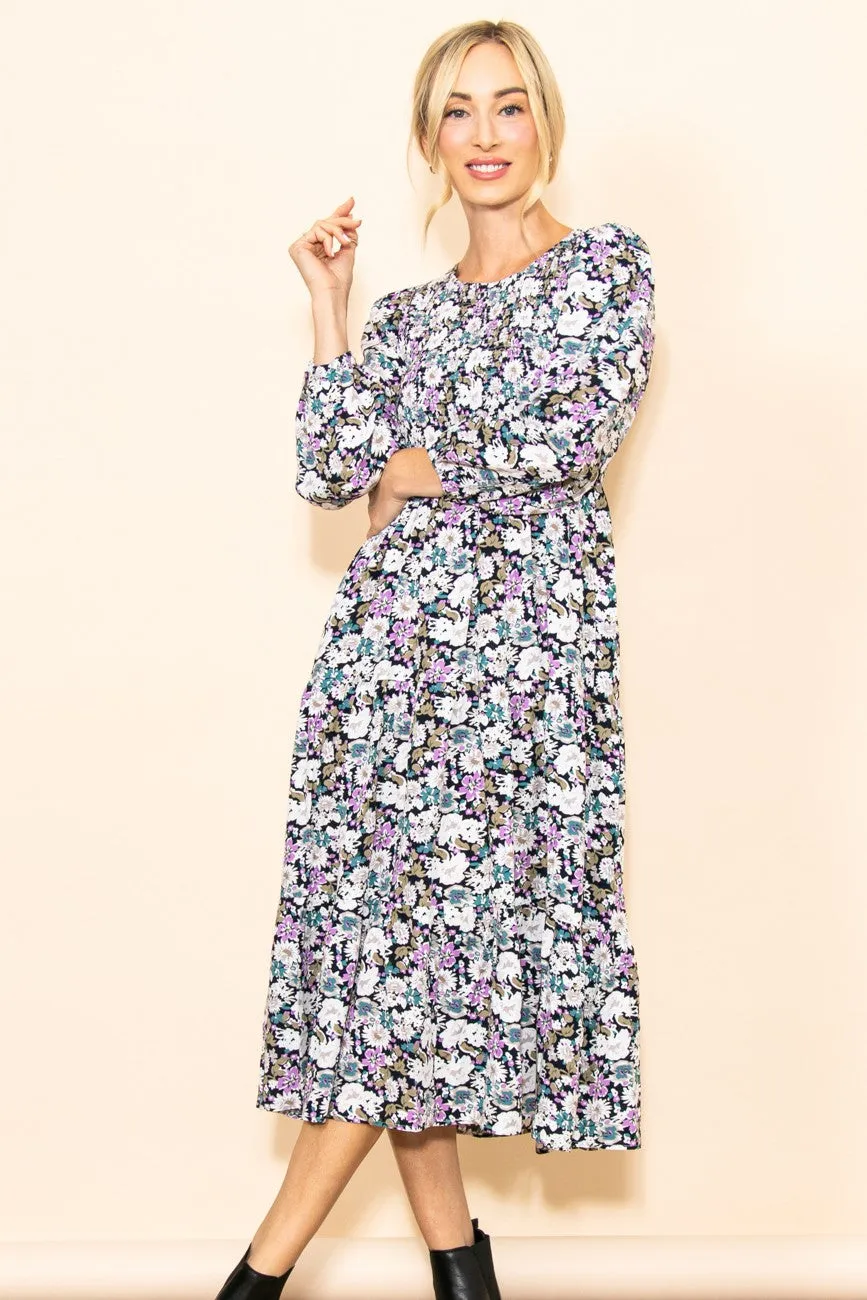 Black Floral Smocked Tiered Midi Dress sold by Pinkblush product image thumbnail 2