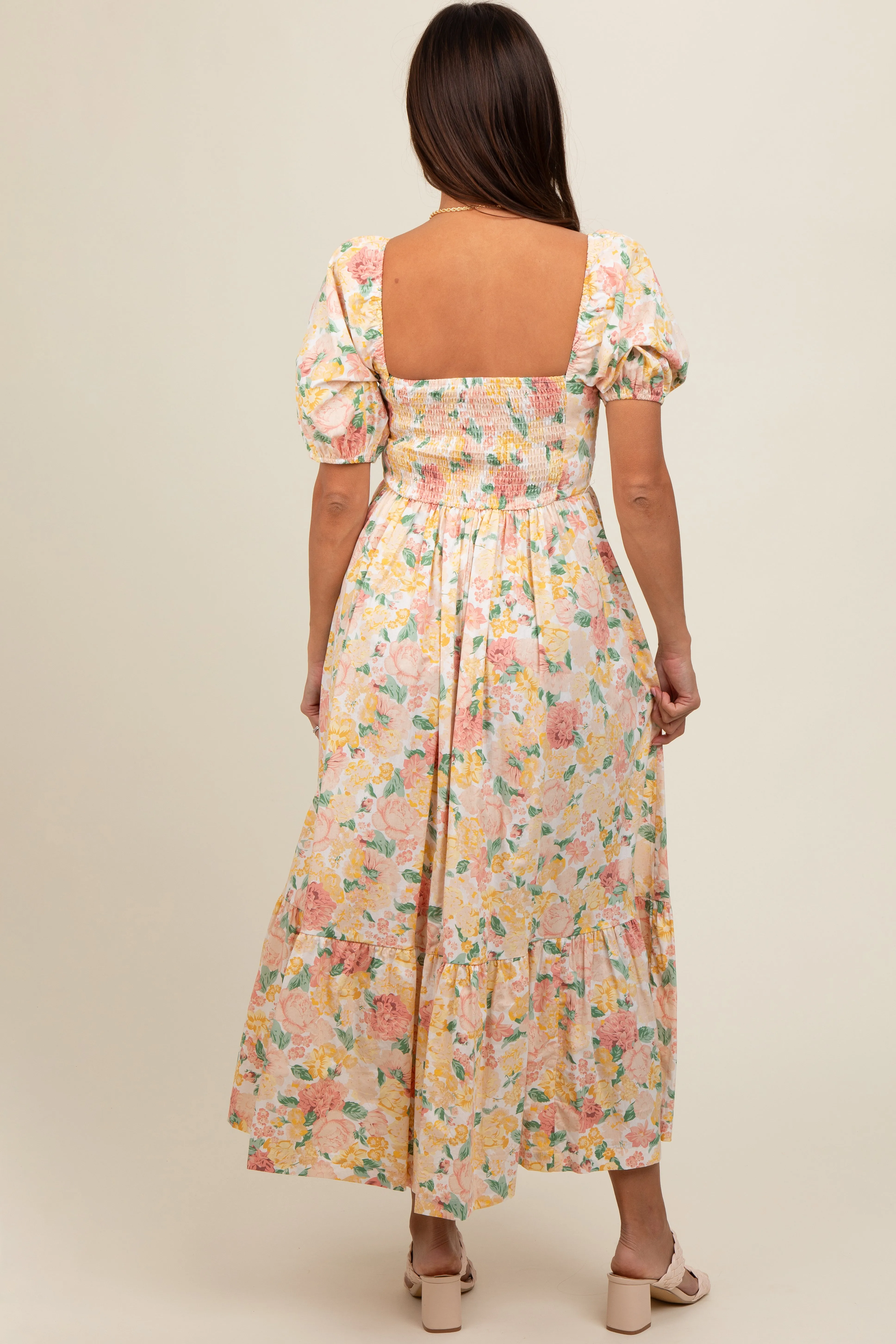 Ivory Floral Pleated Puff Sleeve Maternity Midi Dress sold by Pinkblush product image thumbnail 3